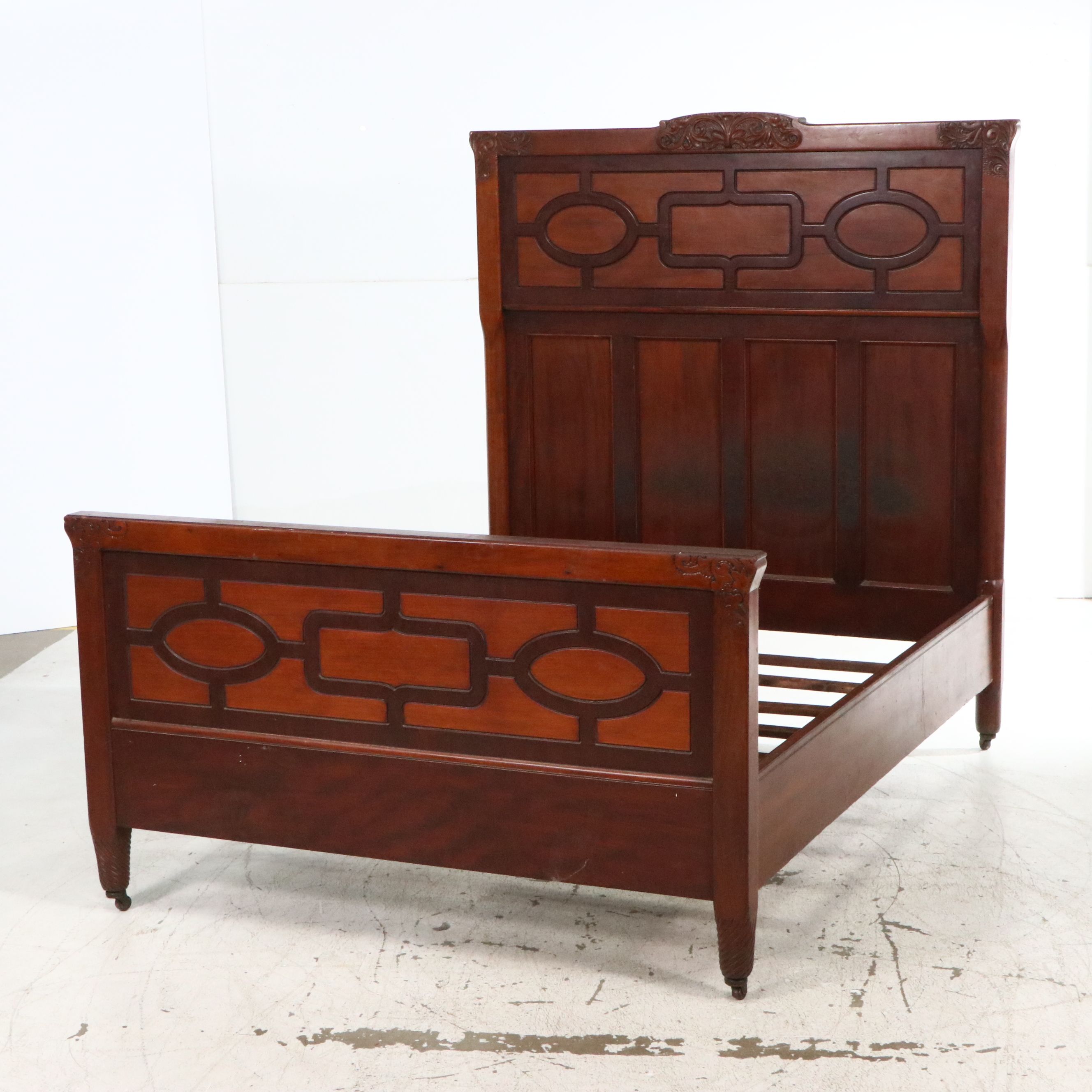 Late Victorian Walnut Full-Size Bed with Fretwork Panels, Late 19th Century