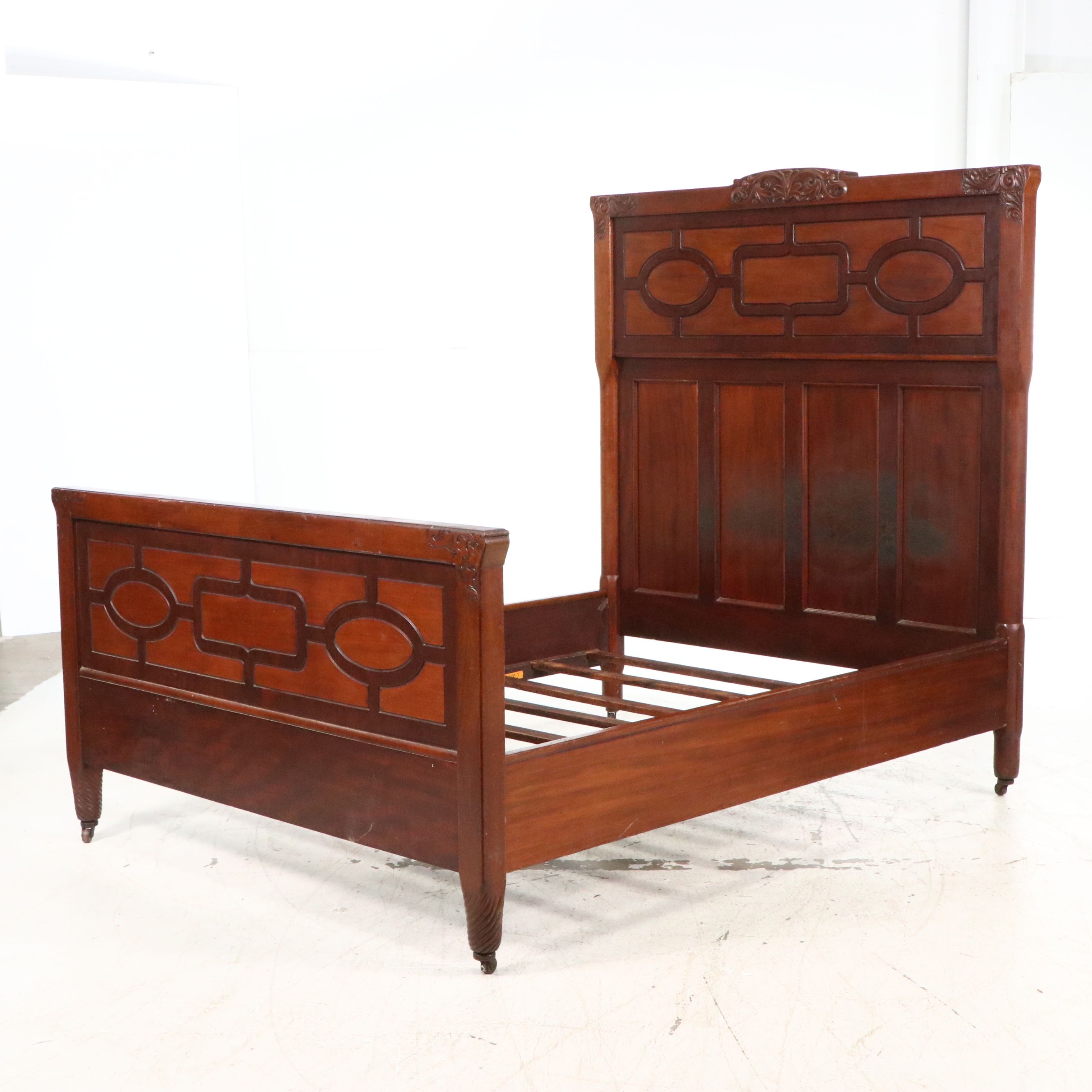 Late Victorian Walnut Full-Size Bed with Fretwork Panels, Late 19th Century