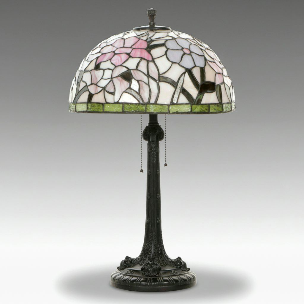 Art Nouveau Style Table Lamp with Floral Slag Glass Shade
