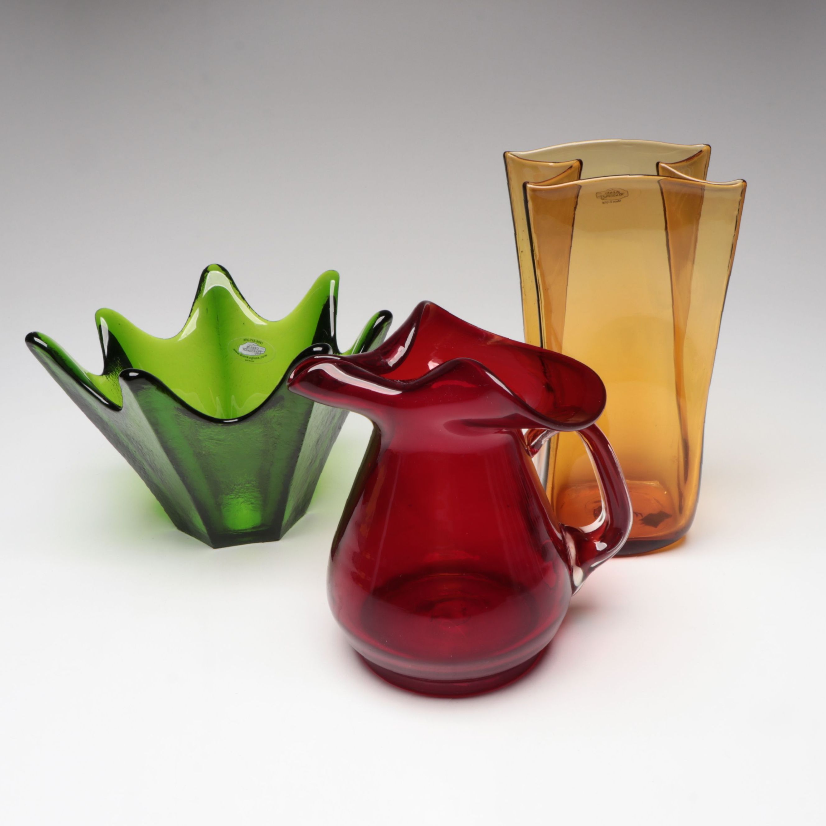 Blenko Amber Glass Paper Bag Vase with Pitcher and Decorative Bowl