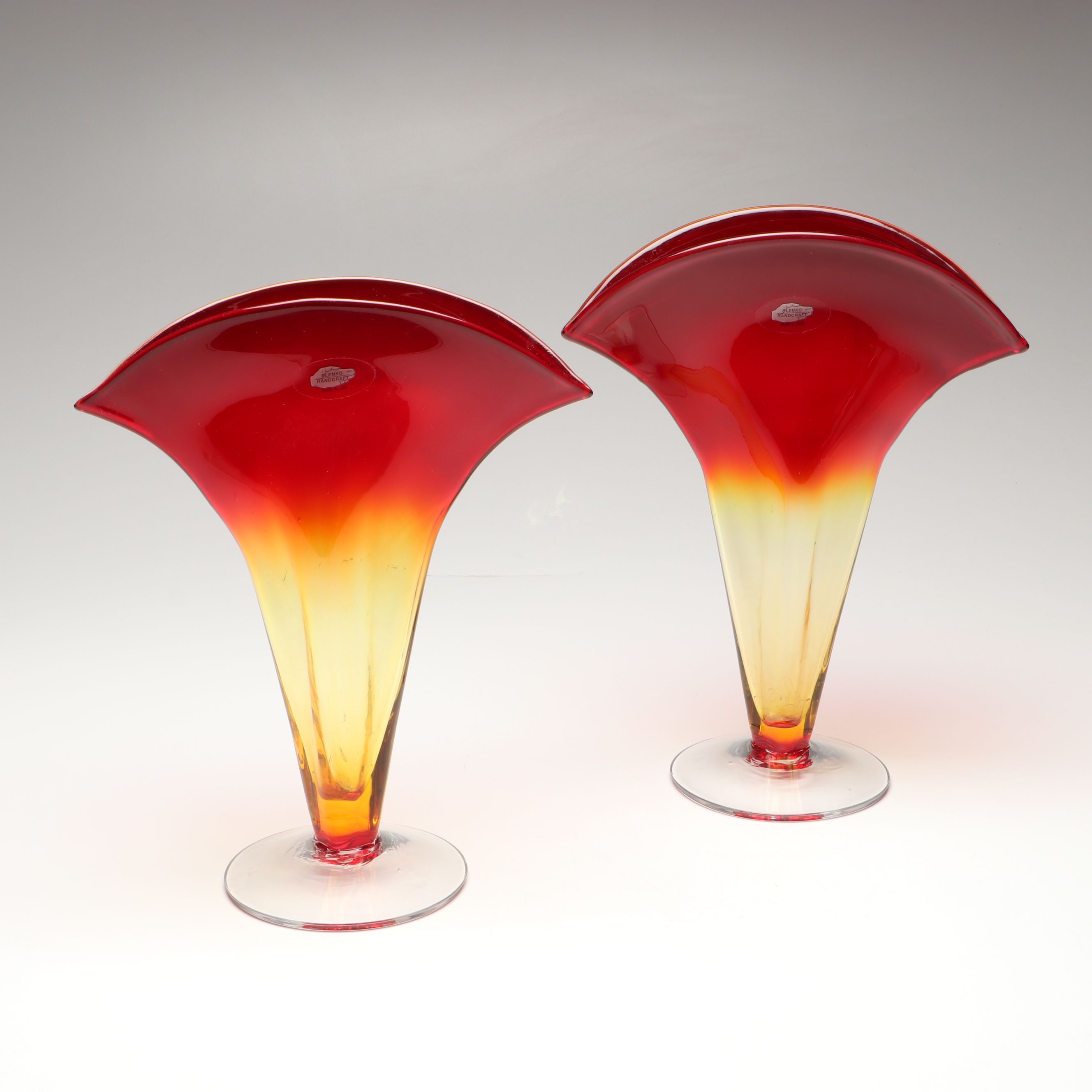 Blenko Handcrafted Tangerine Glass Fan Vases, 2002