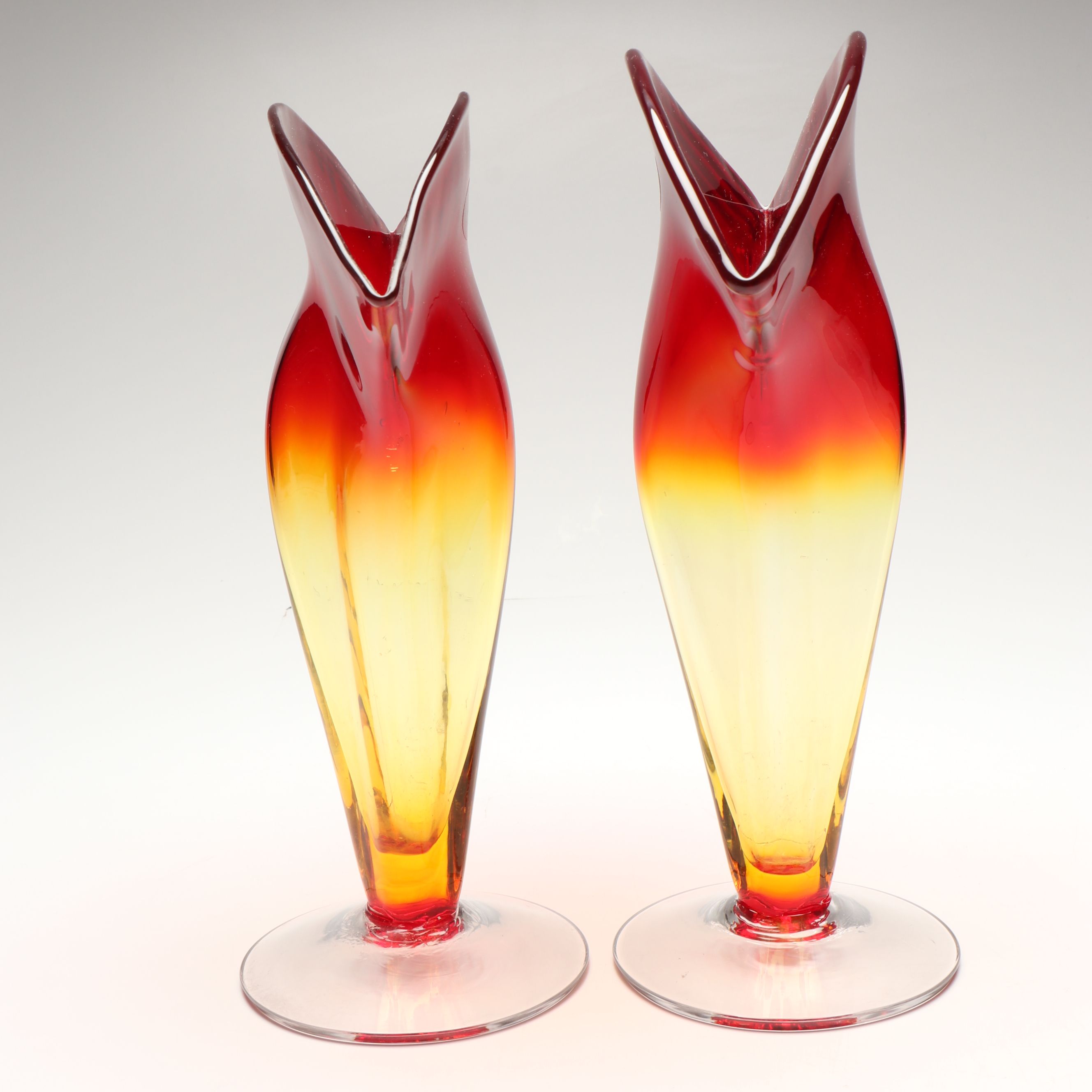 Blenko Handcrafted Tangerine Glass Fan Vases, 2002