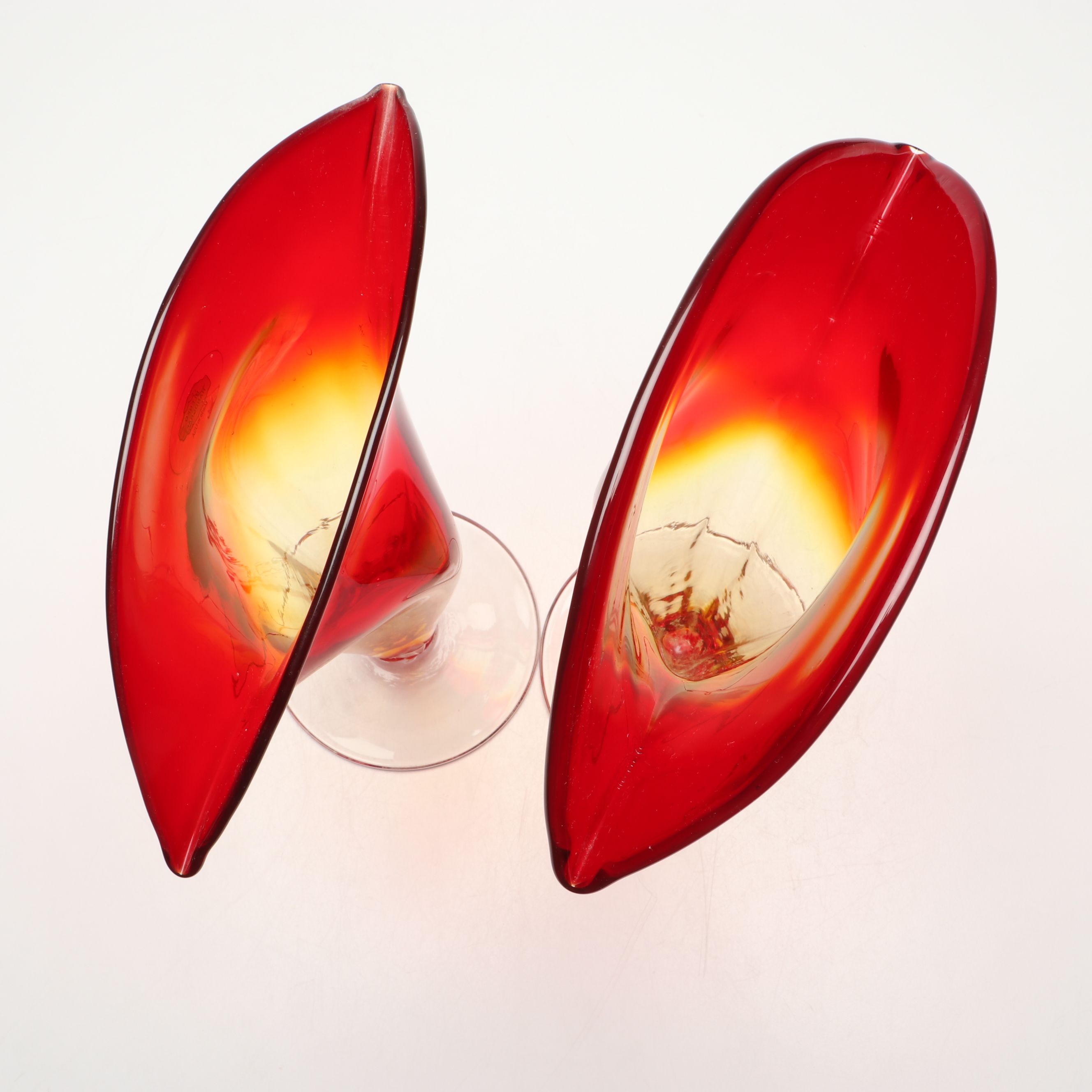 Blenko Handcrafted Tangerine Glass Fan Vases, 2002