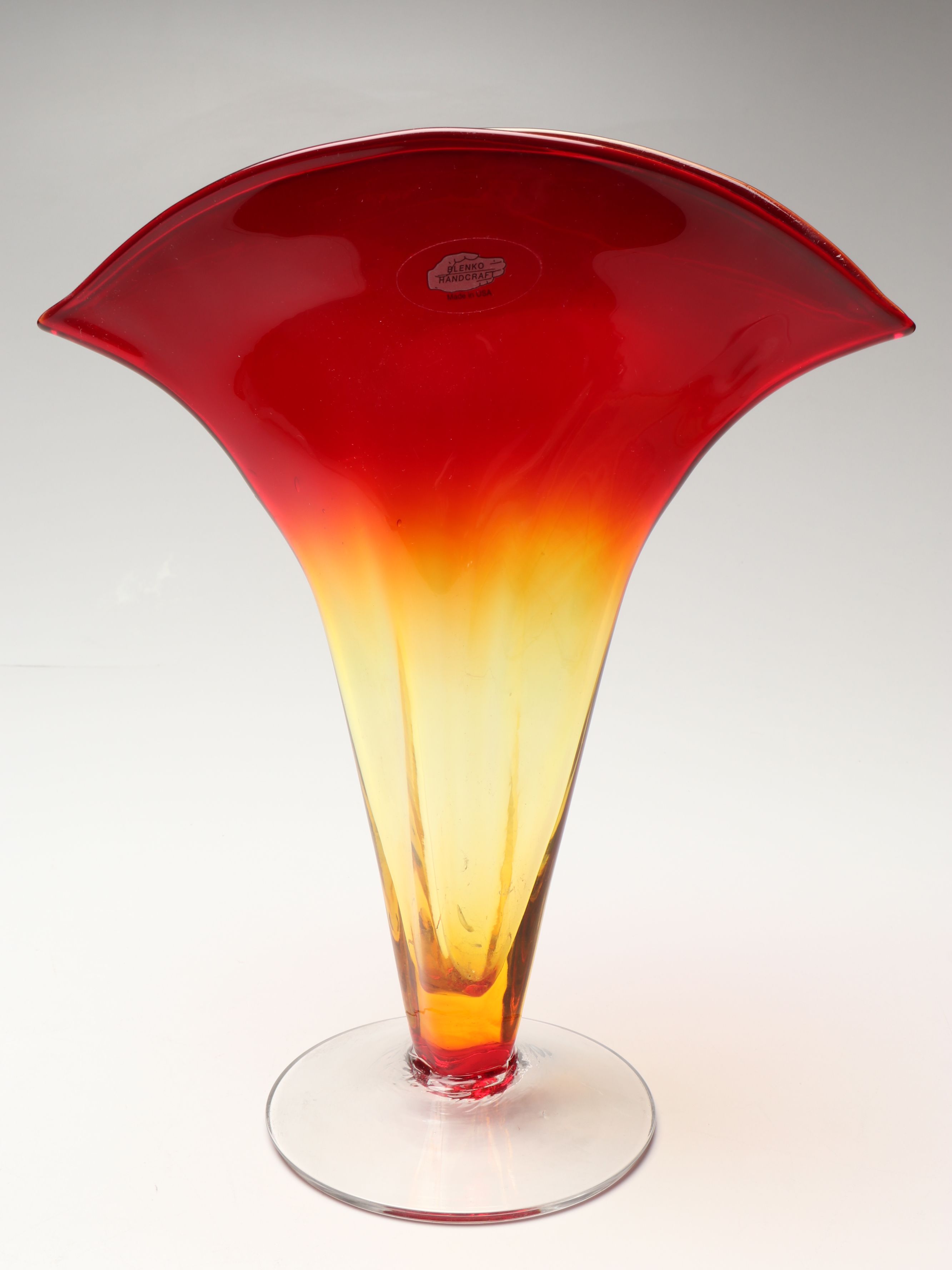 Blenko Handcrafted Tangerine Glass Fan Vases, 2002