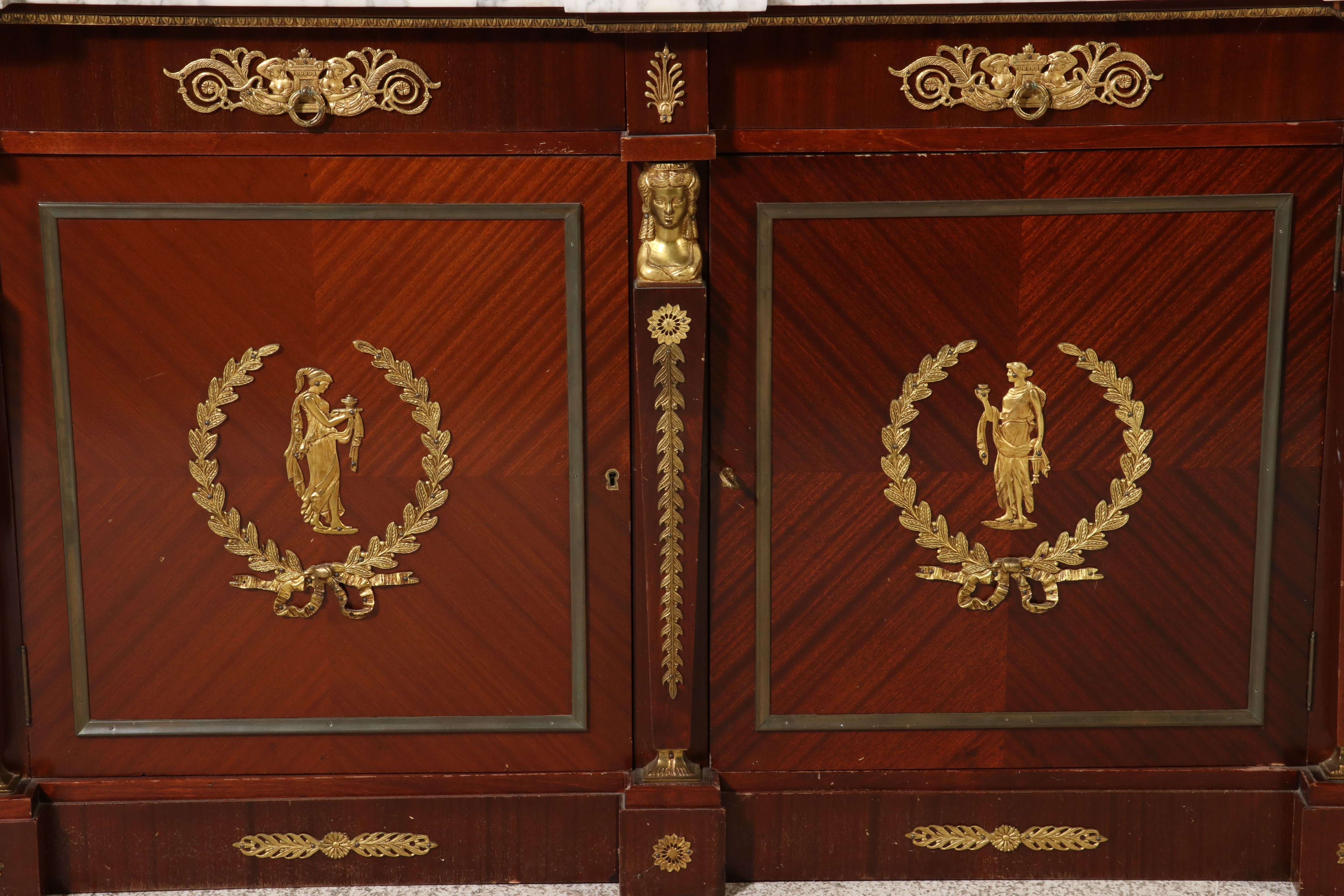French Empire Style Ormolu Mounted Mahogany Marble Top Sideboard, Late 20th C.