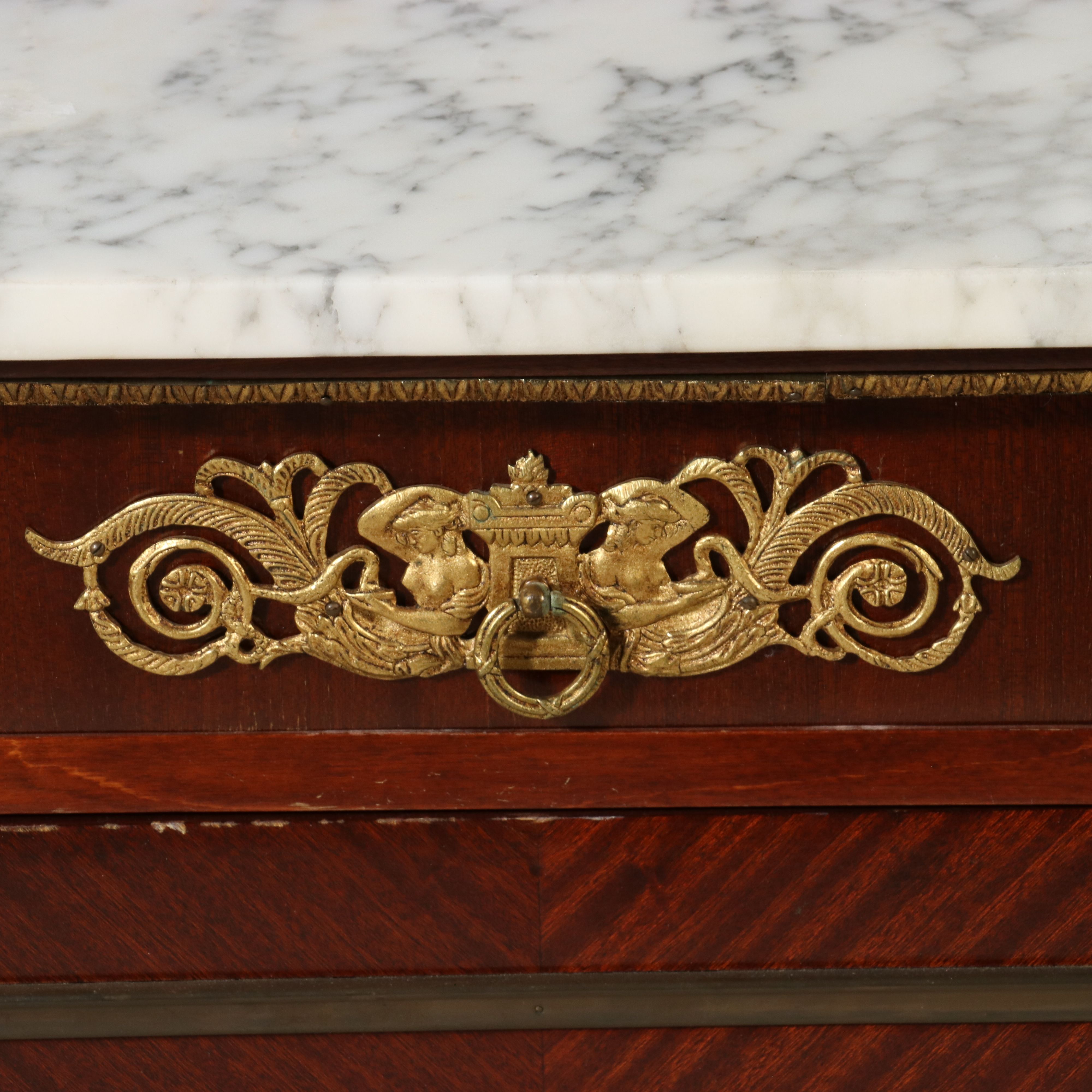 French Empire Style Ormolu Mounted Mahogany Marble Top Sideboard, Late 20th C.