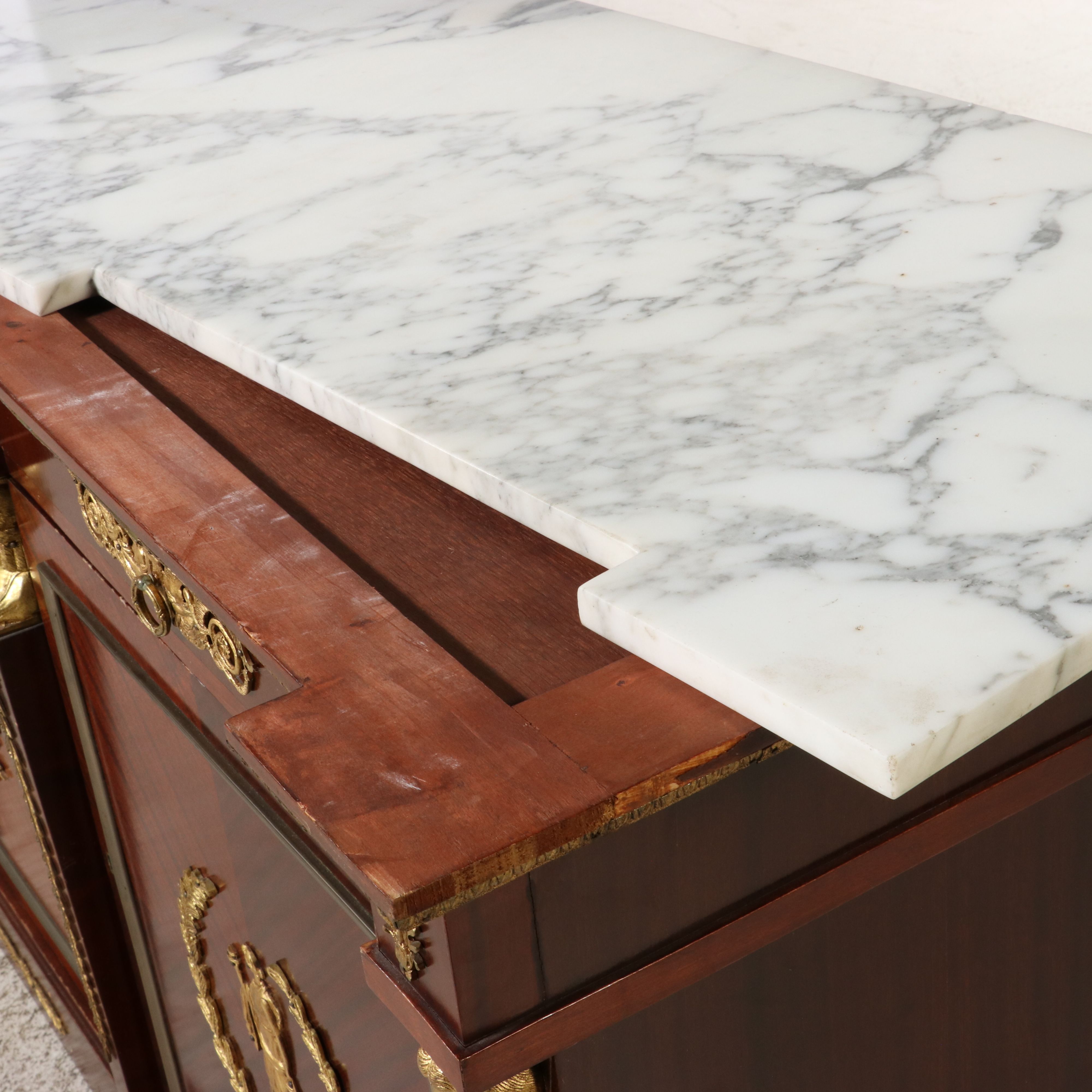 French Empire Style Ormolu Mounted Mahogany Marble Top Sideboard, Late 20th C.