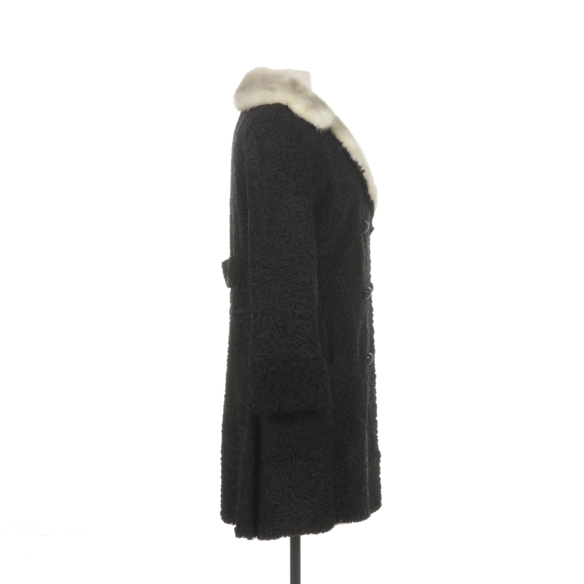 Persian Lamb Fur Double-Breasted Coat with White Mink Fur Collar