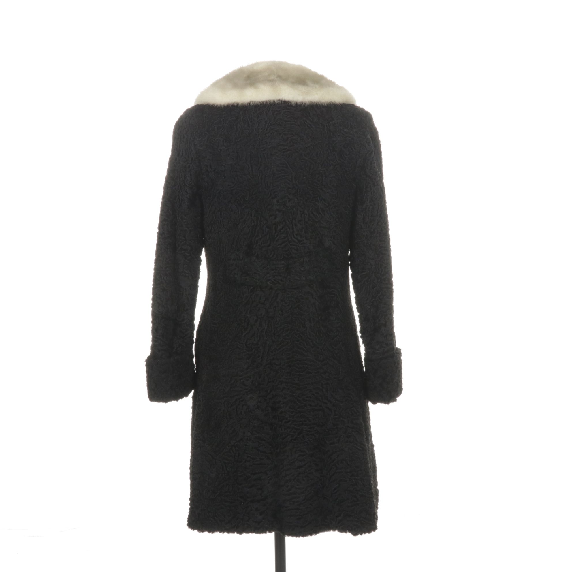 Persian Lamb Fur Double-Breasted Coat with White Mink Fur Collar