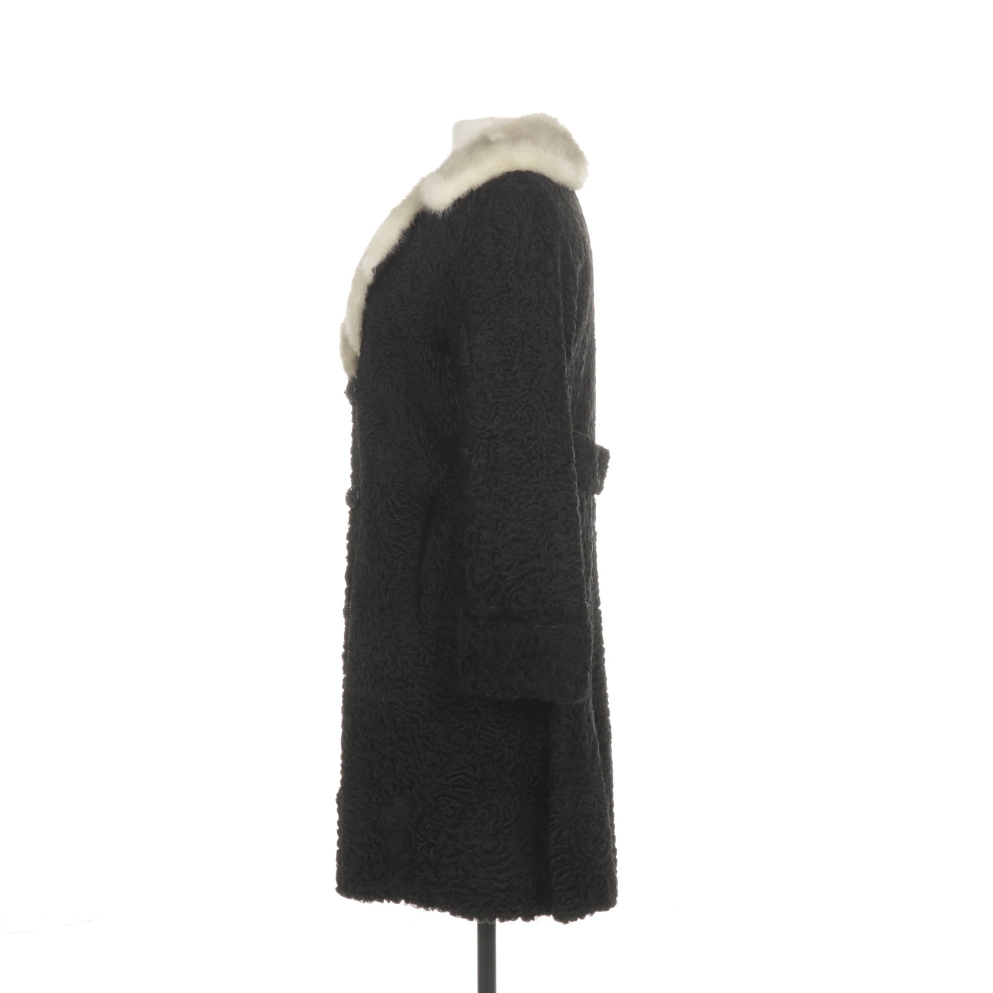 Persian Lamb Fur Double-Breasted Coat with White Mink Fur Collar