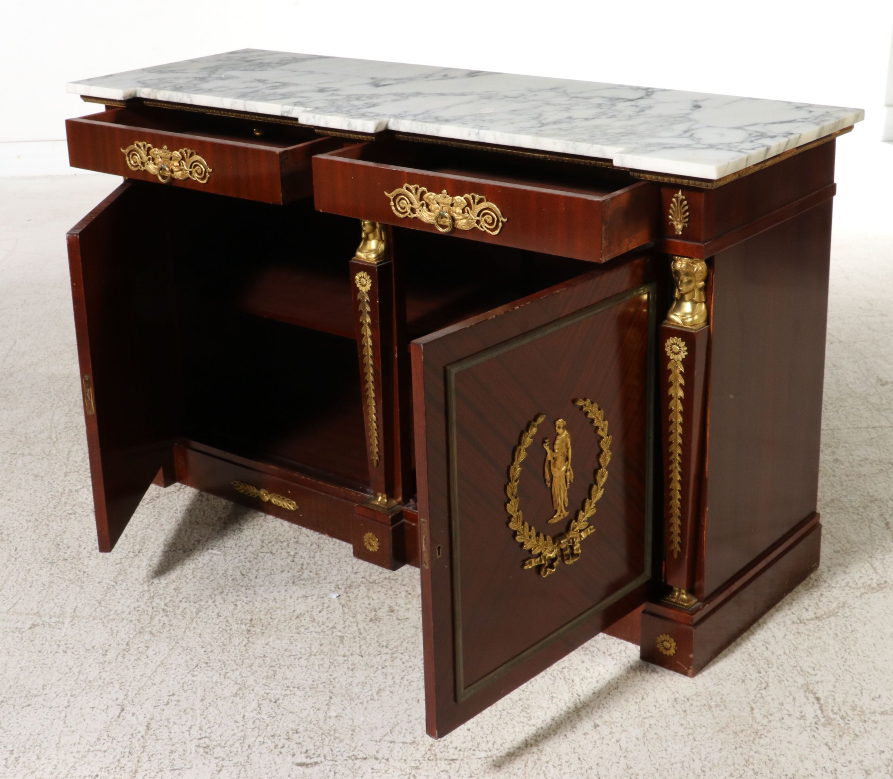 French Empire Style Ormolu Mounted Mahogany Marble Top Sideboard, Late 20th C.