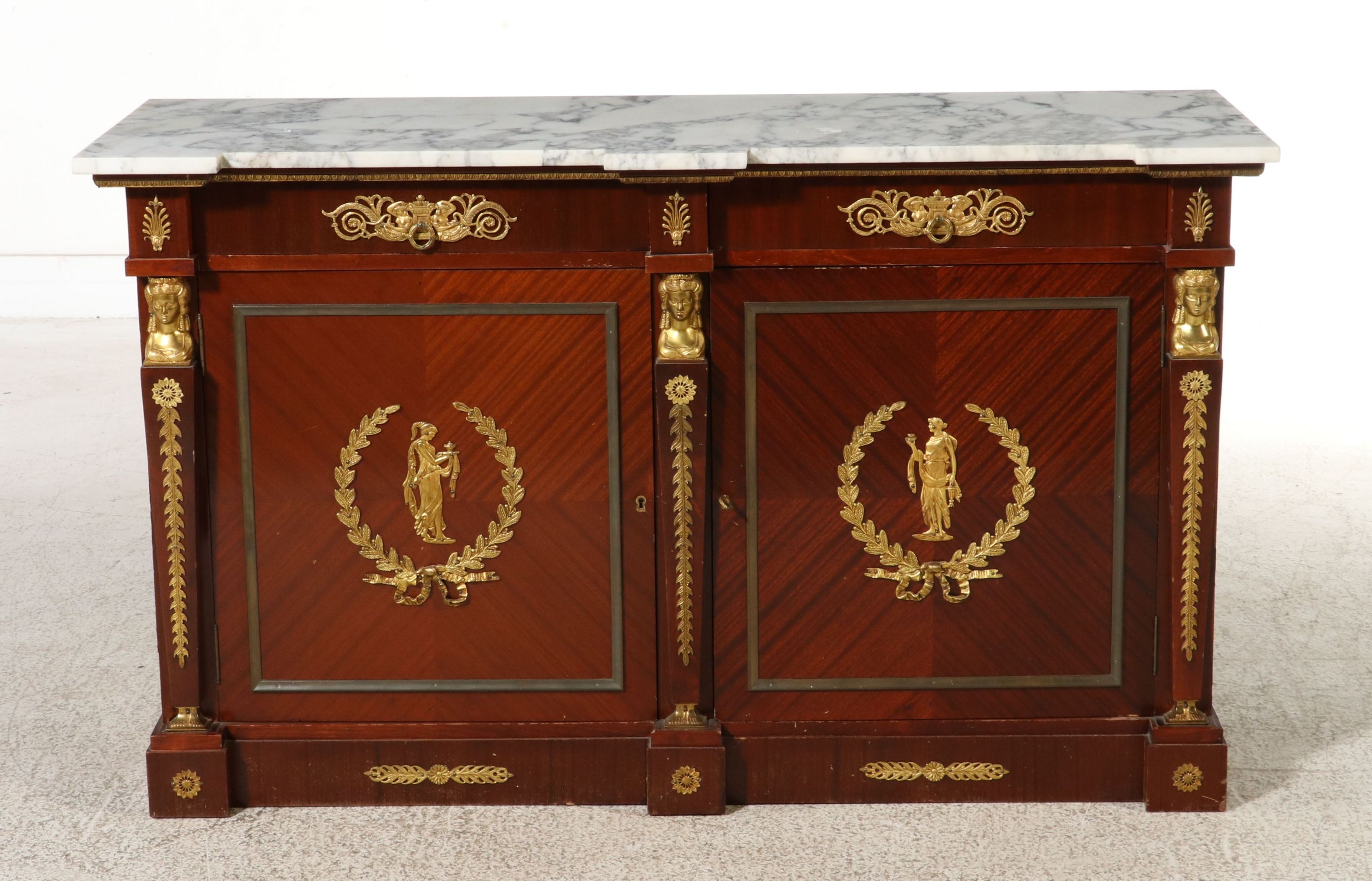 French Empire Style Ormolu Mounted Mahogany Marble Top Sideboard, Late 20th C.