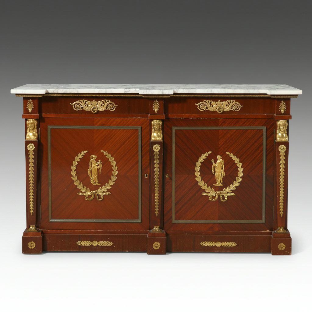 French Empire Style Ormolu Mounted Mahogany Marble Top Sideboard, Late 20th C.