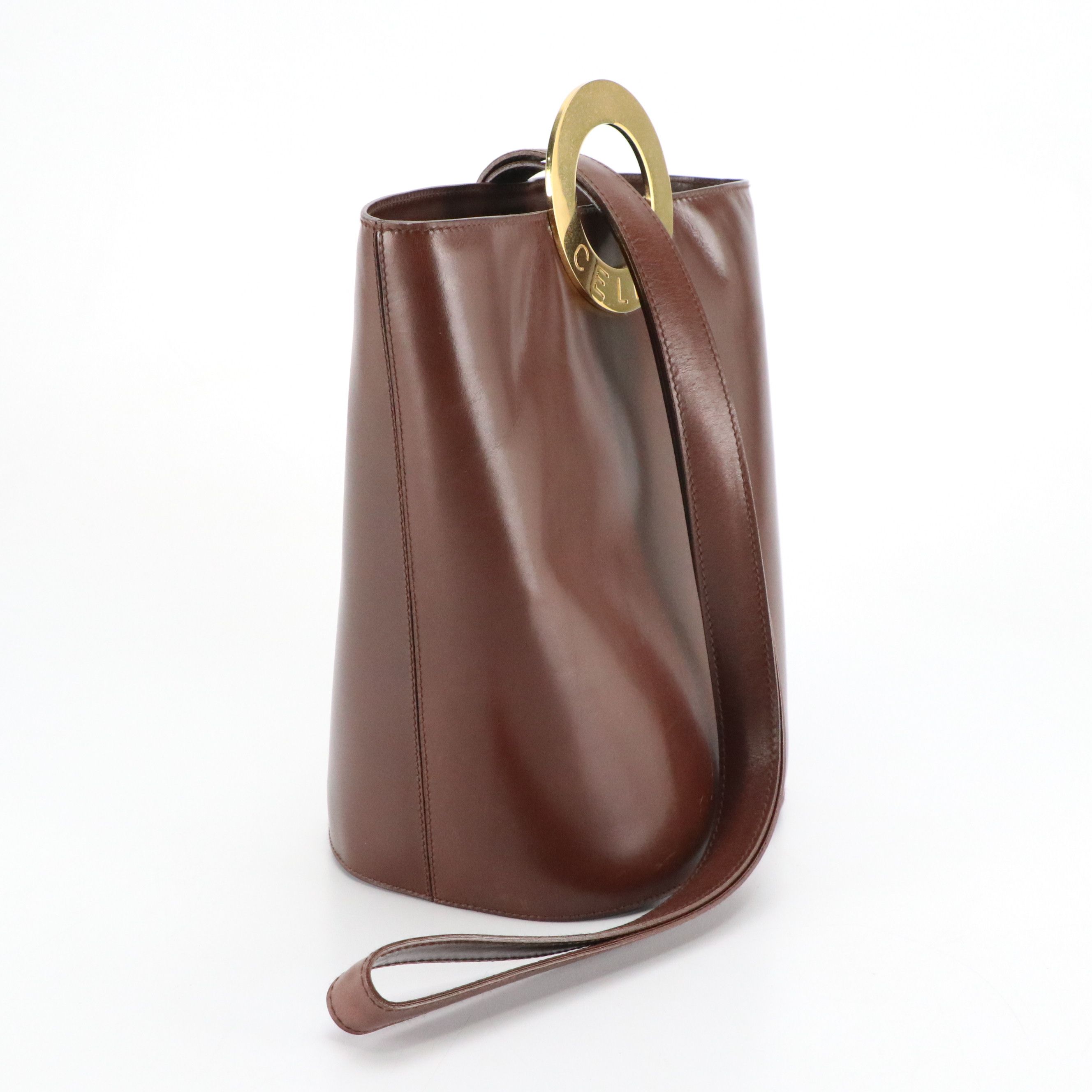 Celine Circle Logo Bucket Bag in Chocolate Brown Calfskin Leather