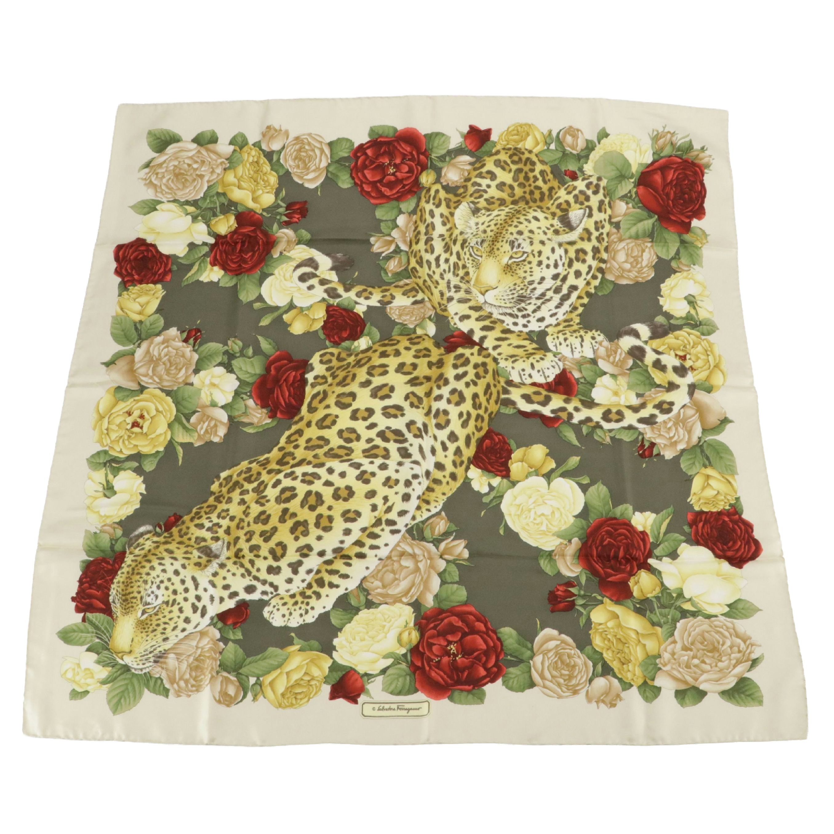 Salvatore Ferragamo Leopards and Roses Scarf 90 in Silk Twill