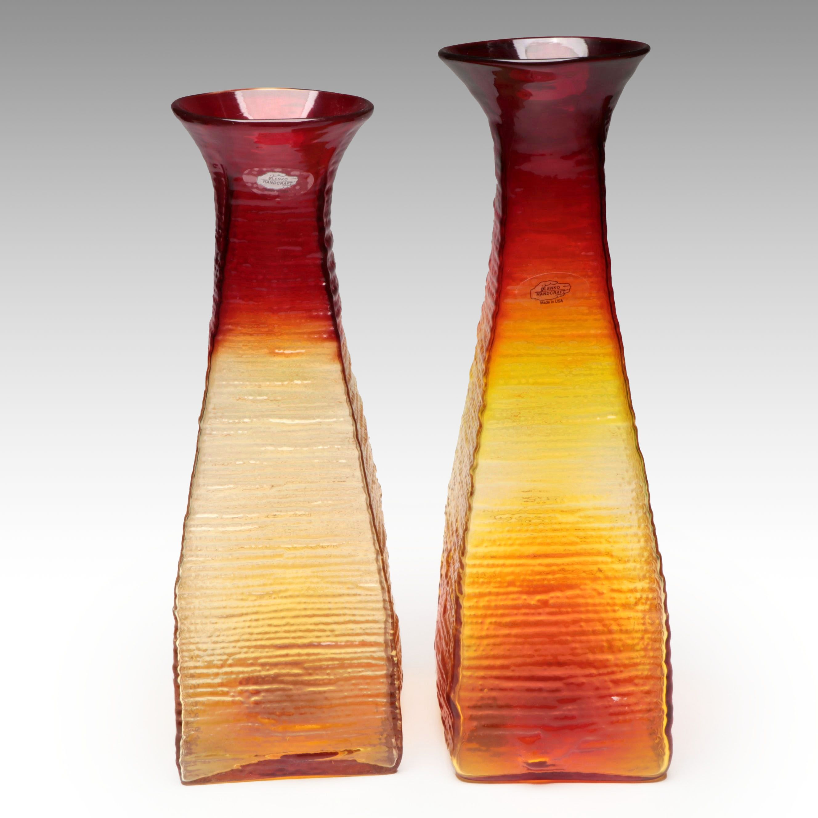 Blenko Handcrafted Tangerine Strata Vases, 2003