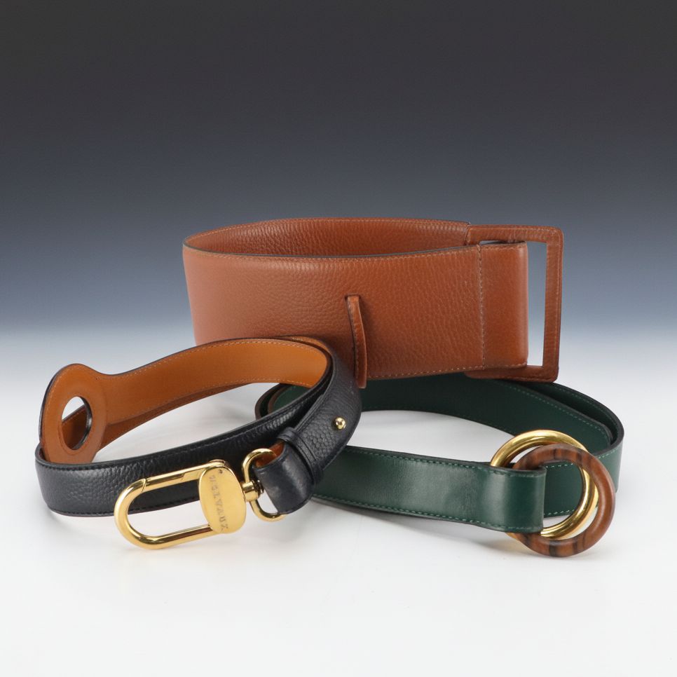 Delvaux Brown & Navy Blue Grained and Green Smooth Leather Belts