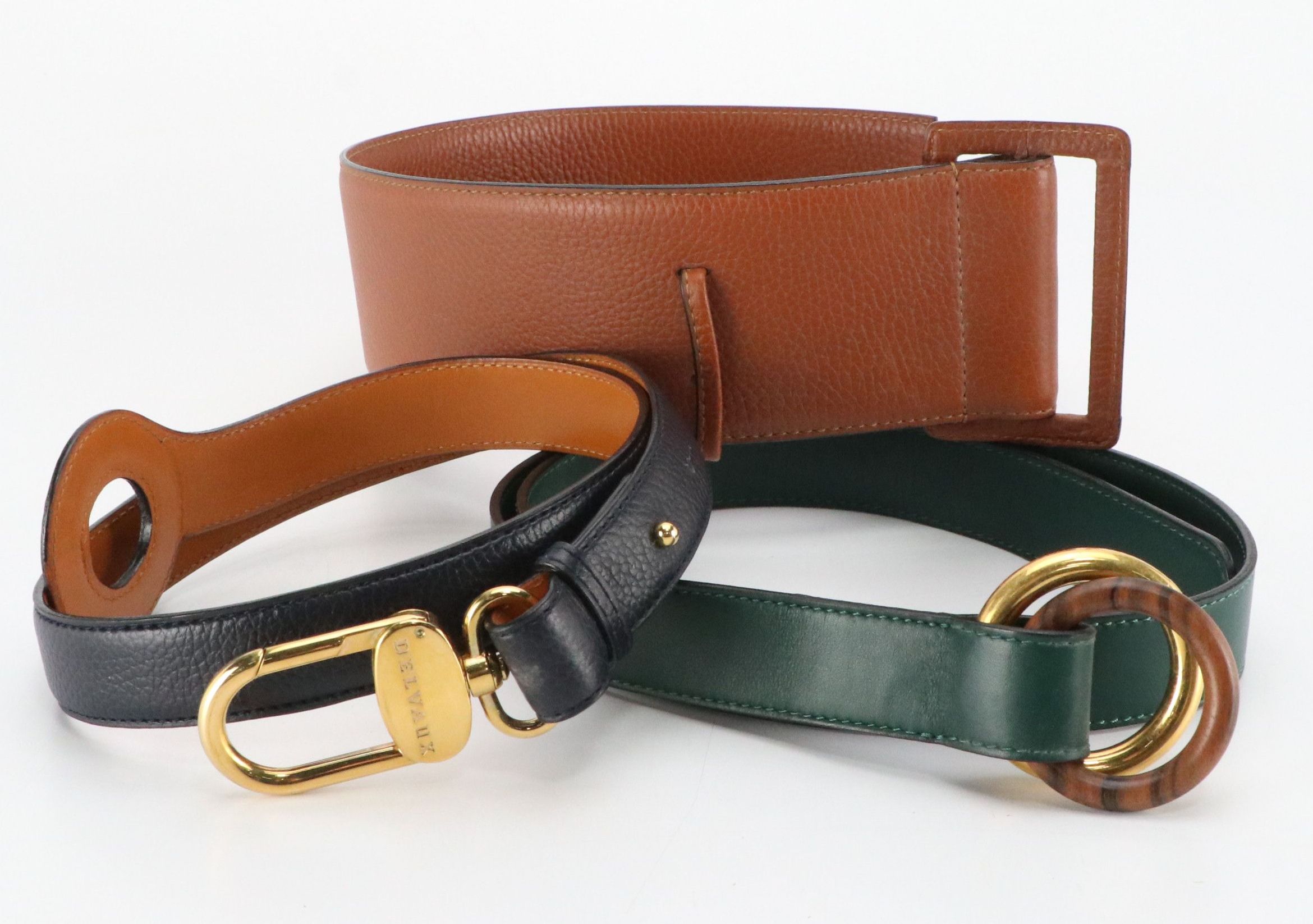 Delvaux Brown & Navy Blue Grained and Green Smooth Leather Belts