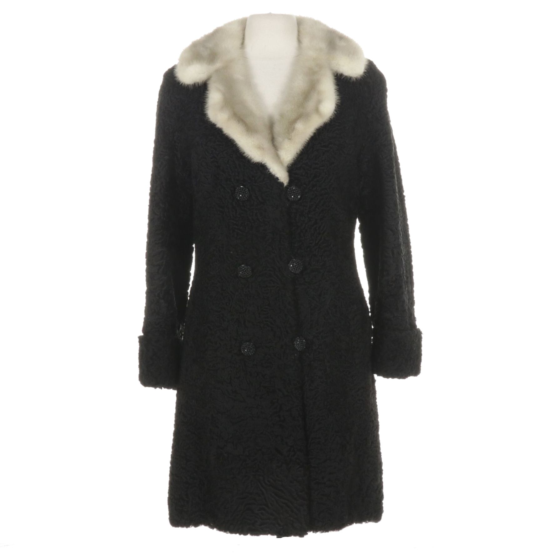 Persian Lamb Fur Double-Breasted Coat with White Mink Fur Collar