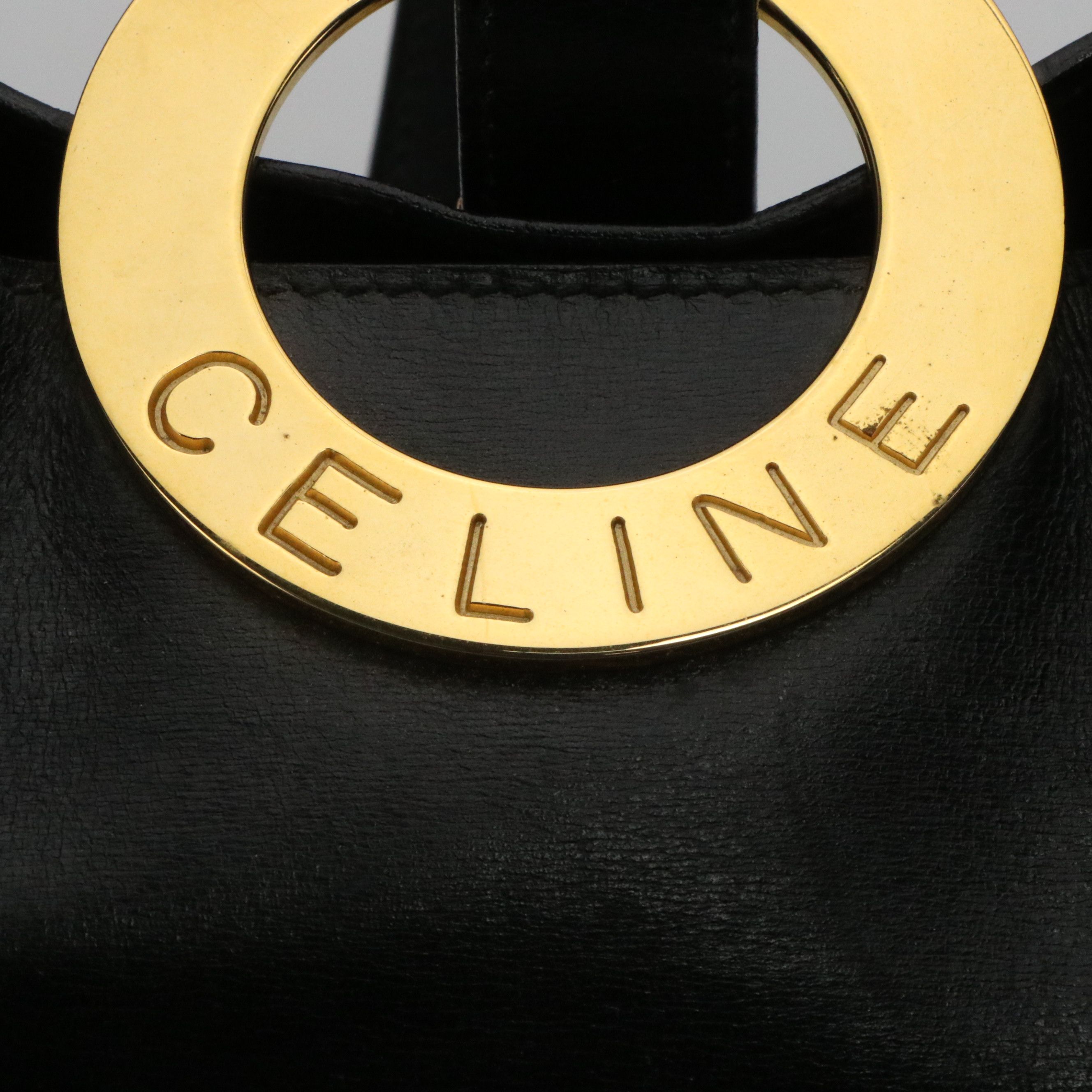 Celine Circle Logo Bucket Bag in Black Calfskin Leather