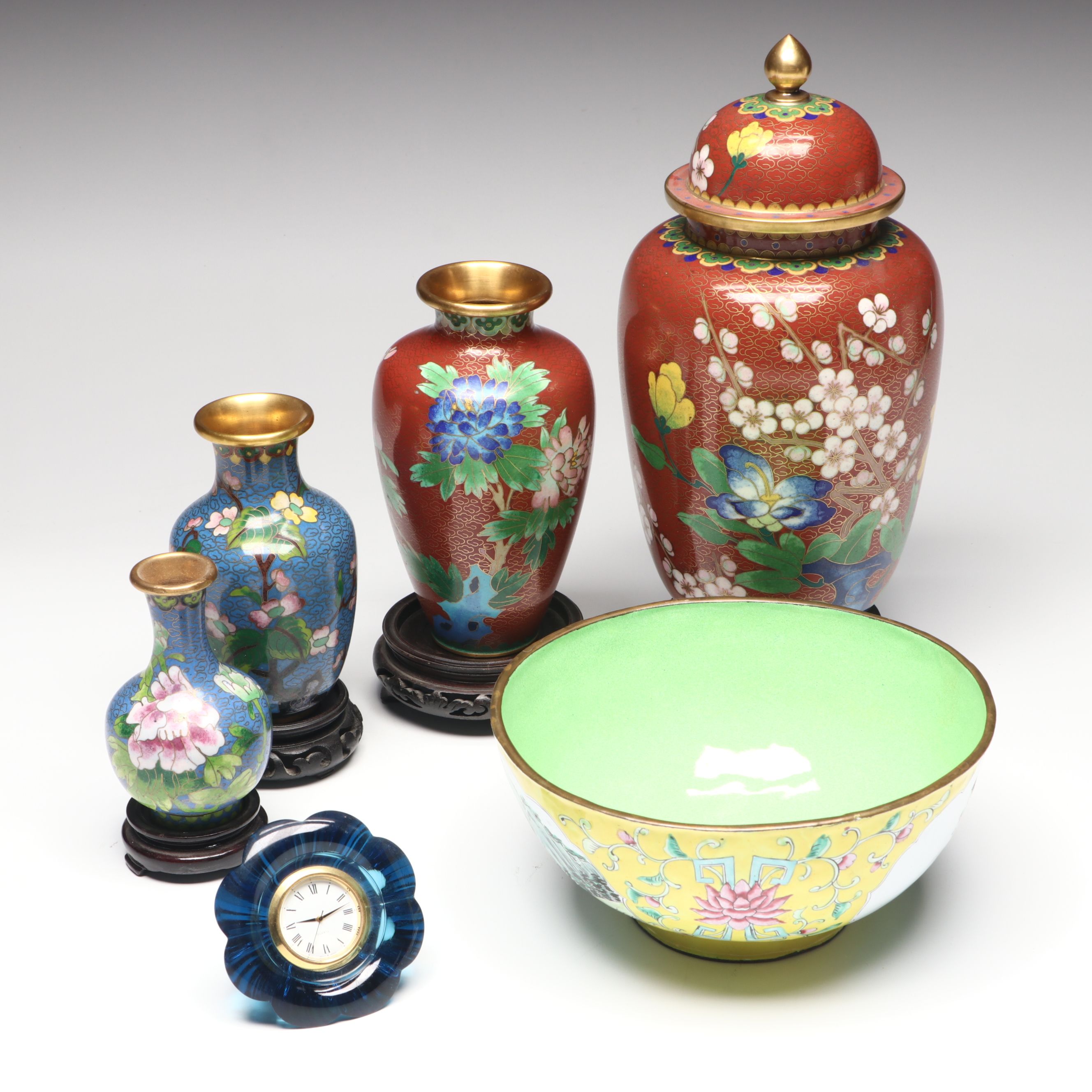 Chinese Floral Cloisonné Vases, Urn and Bowl with Other Glass Clock