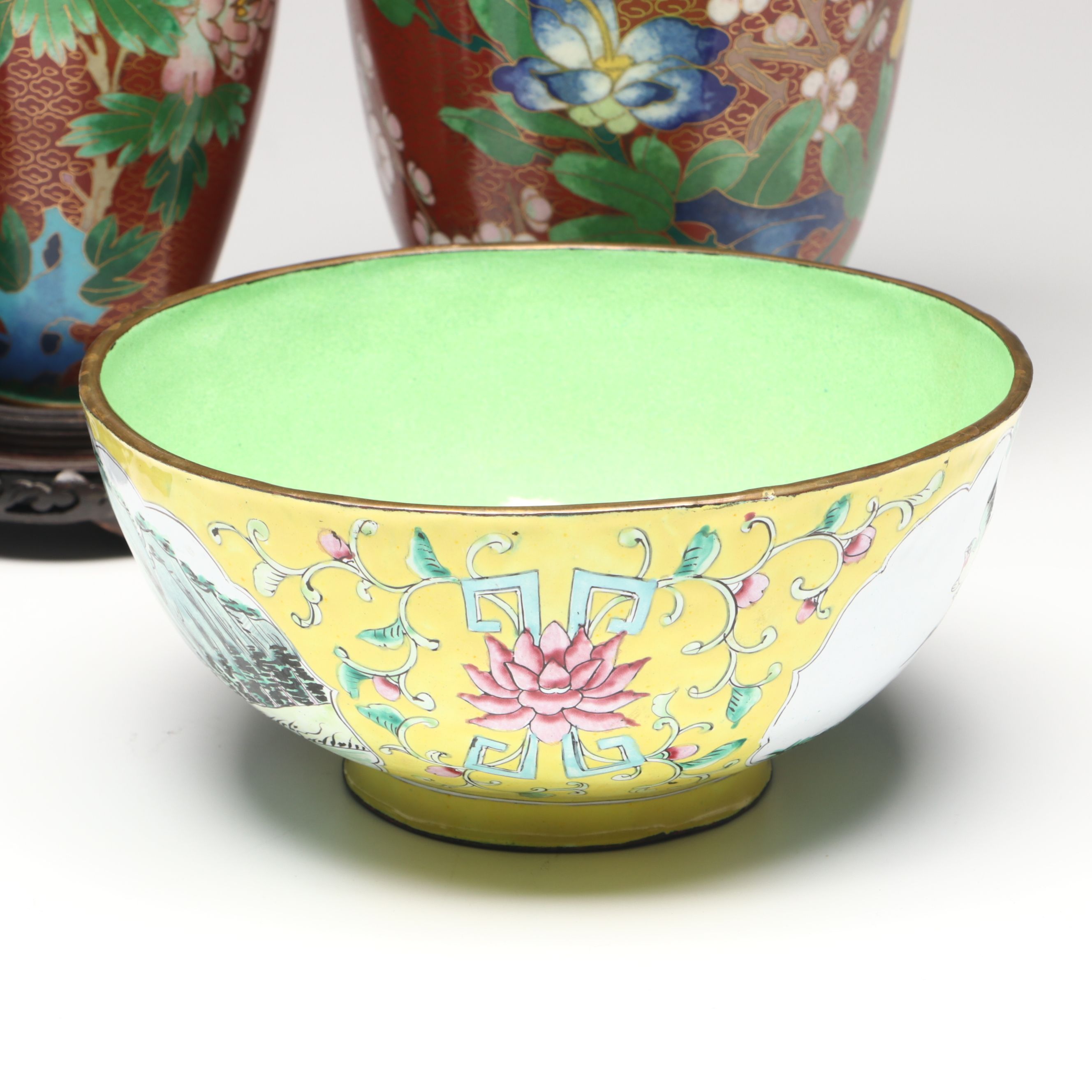 Chinese Floral Cloisonné Vases, Urn and Bowl with Other Glass Clock