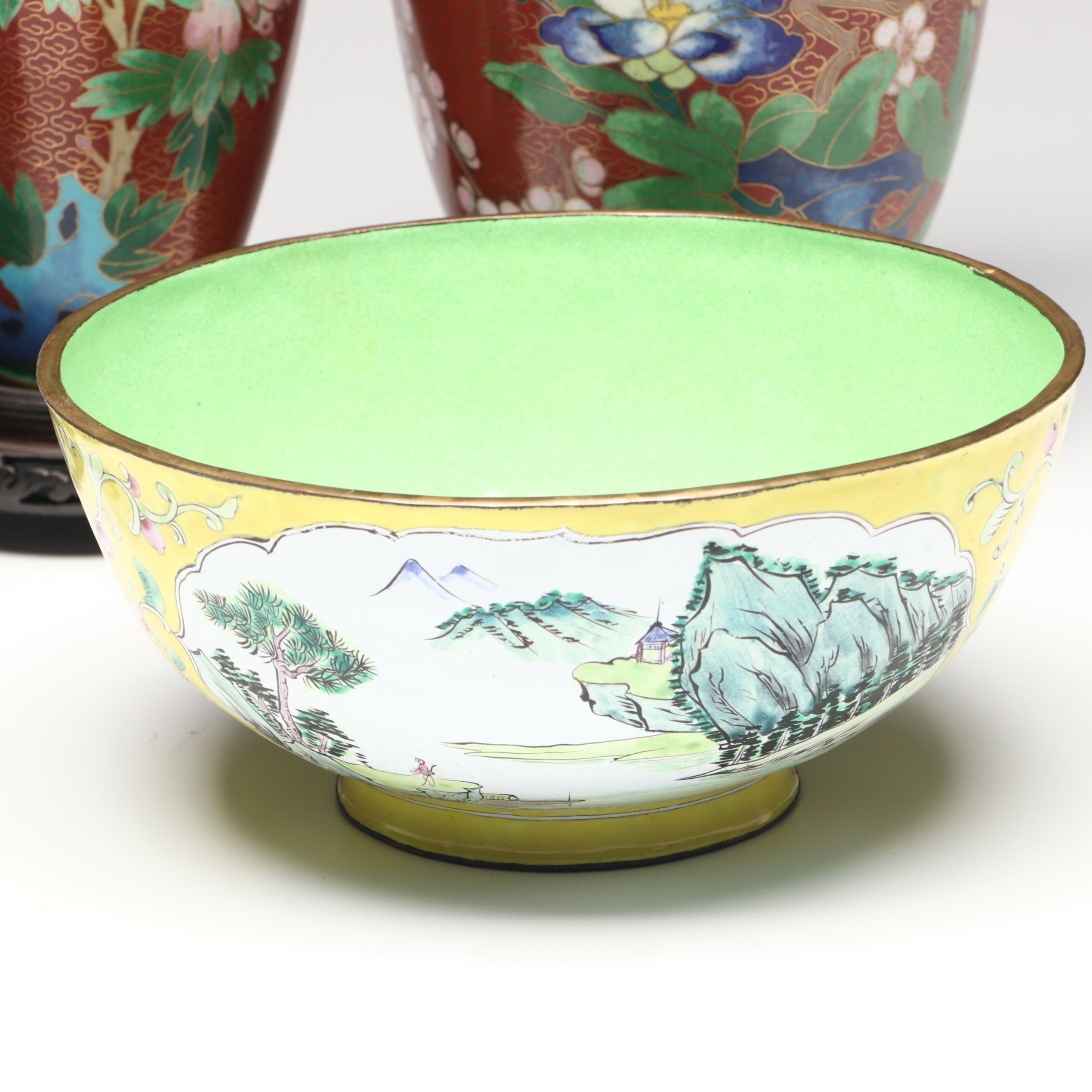 Chinese Floral Cloisonné Vases, Urn and Bowl with Other Glass Clock