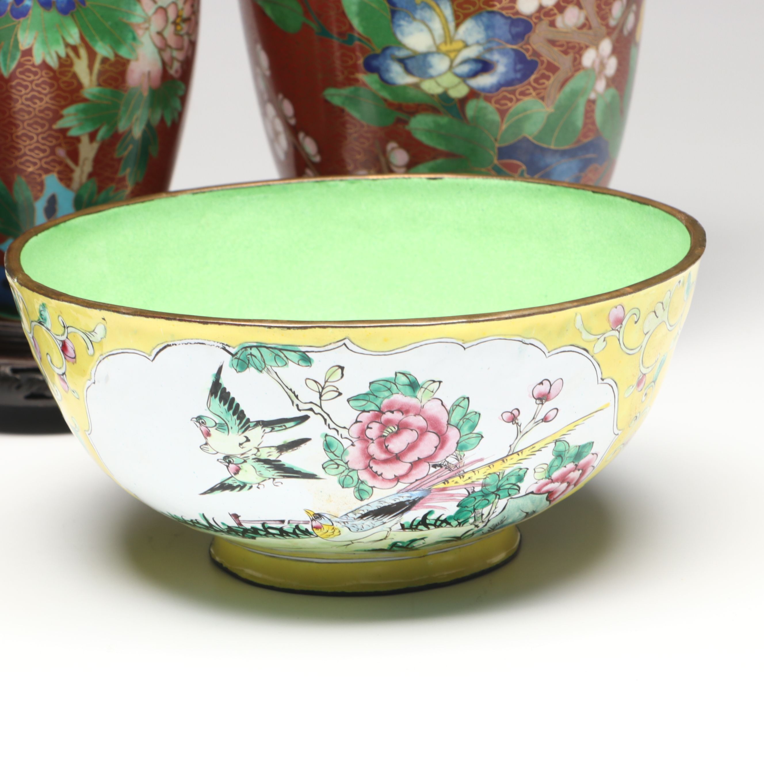 Chinese Floral Cloisonné Vases, Urn and Bowl with Other Glass Clock