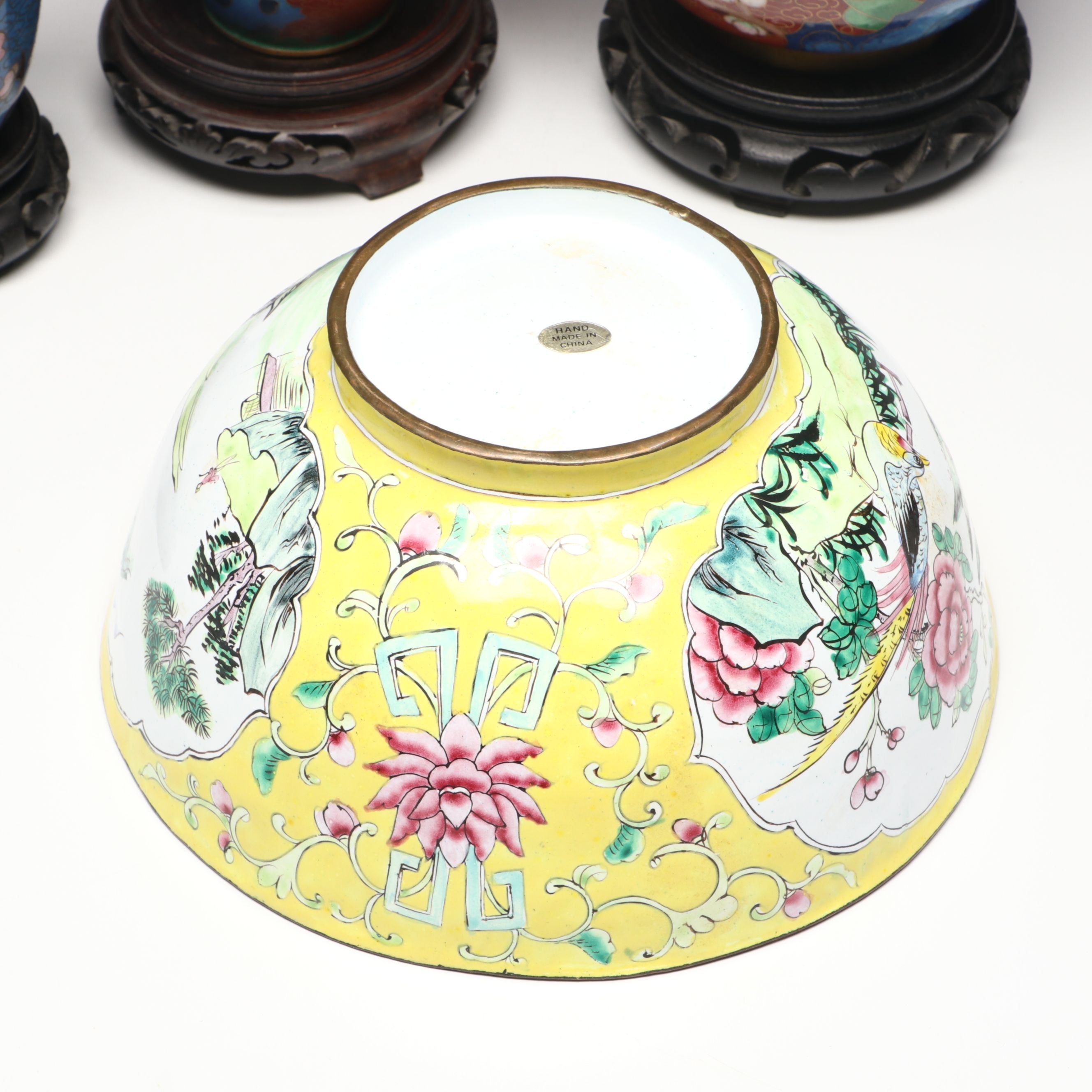 Chinese Floral Cloisonné Vases, Urn and Bowl with Other Glass Clock