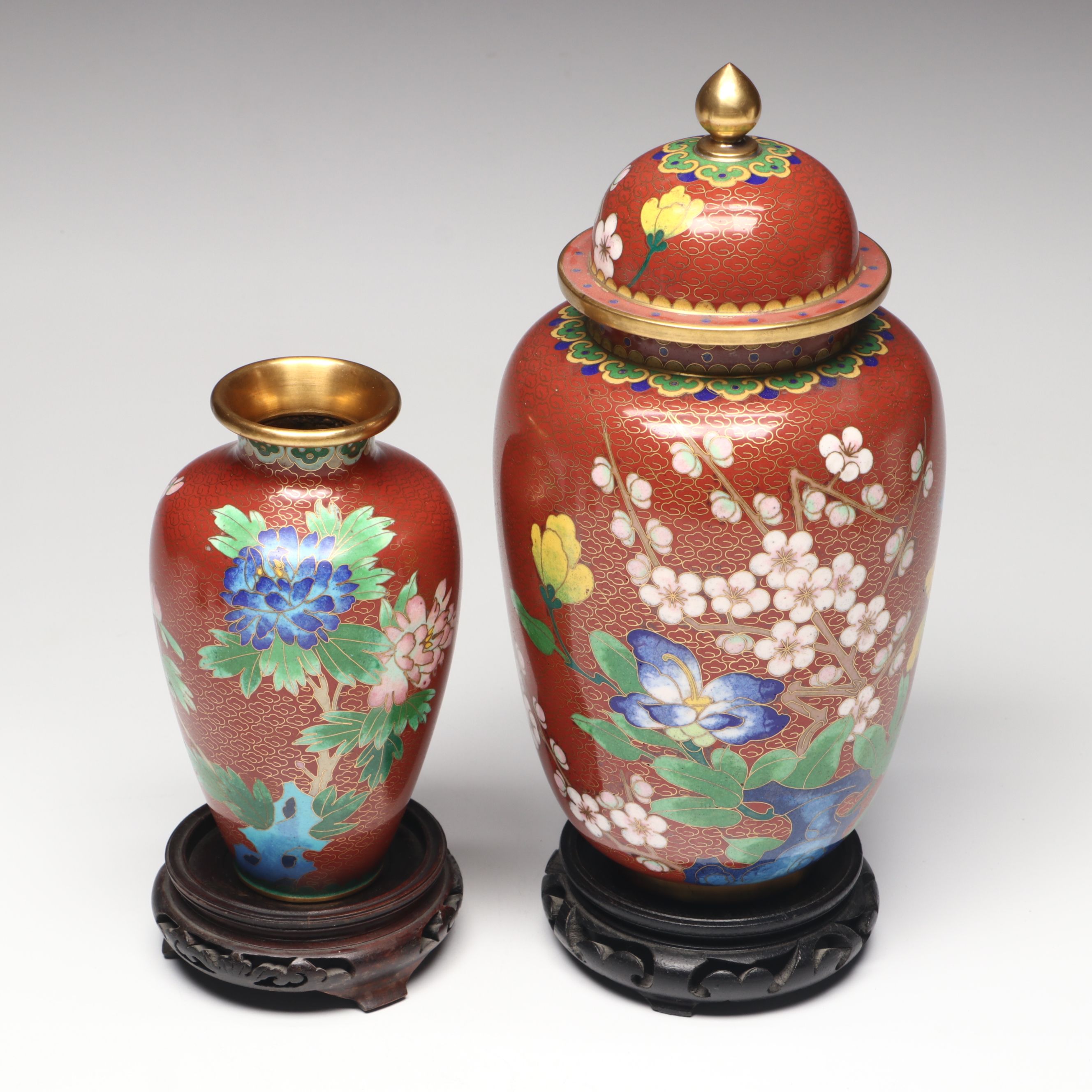 Chinese Floral Cloisonné Vases, Urn and Bowl with Other Glass Clock