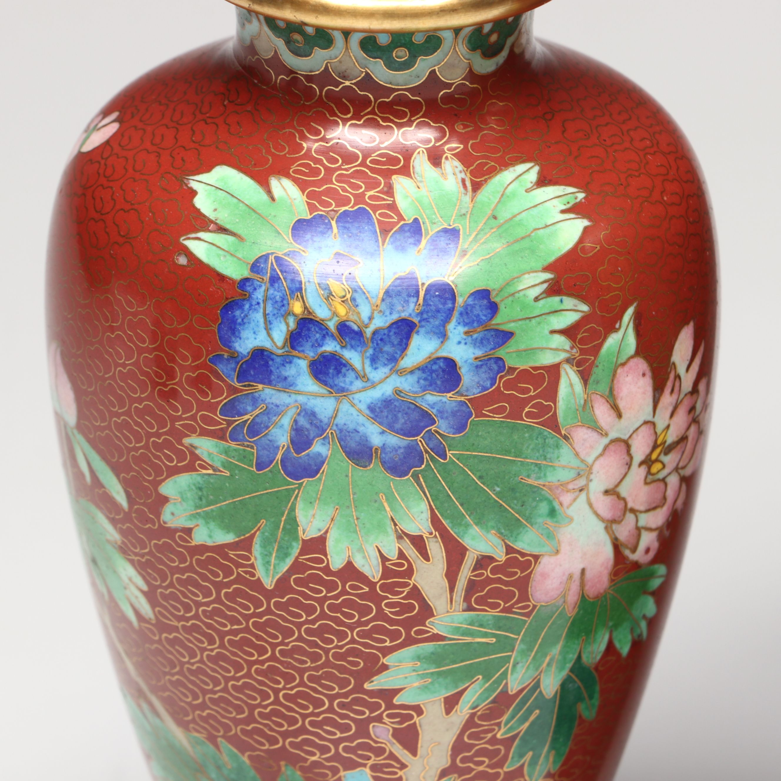 Chinese Floral Cloisonné Vases, Urn and Bowl with Other Glass Clock