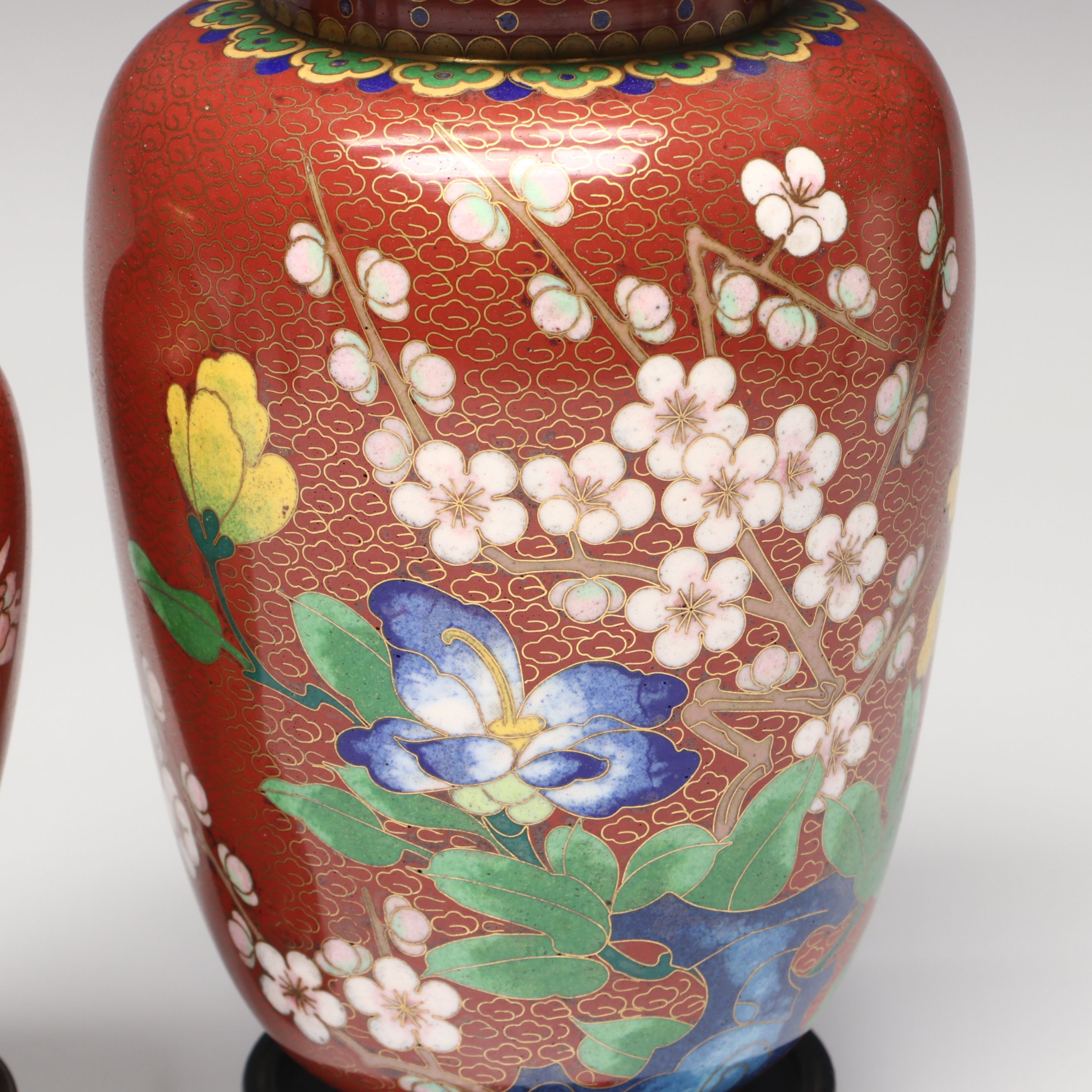 Chinese Floral Cloisonné Vases, Urn and Bowl with Other Glass Clock