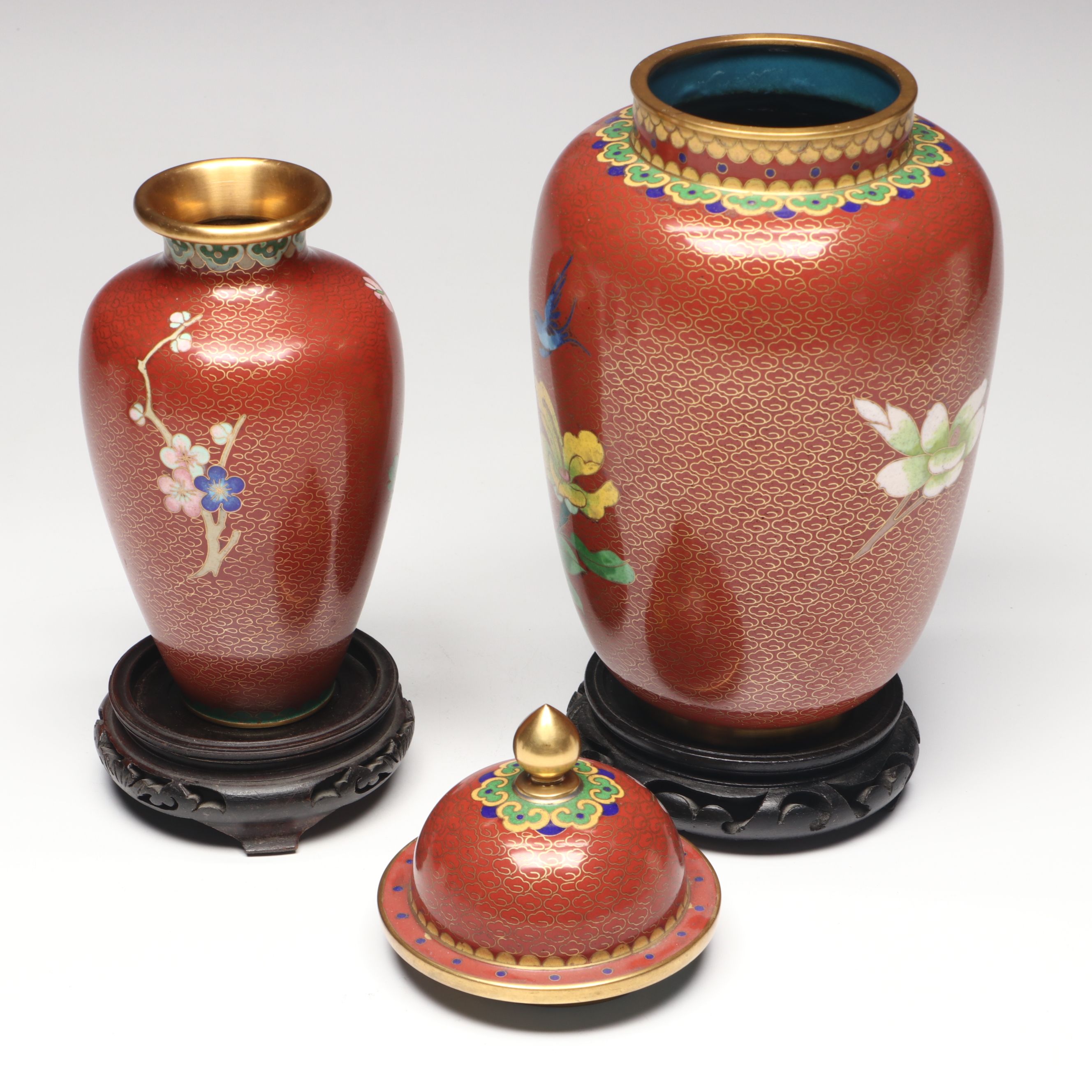 Chinese Floral Cloisonné Vases, Urn and Bowl with Other Glass Clock