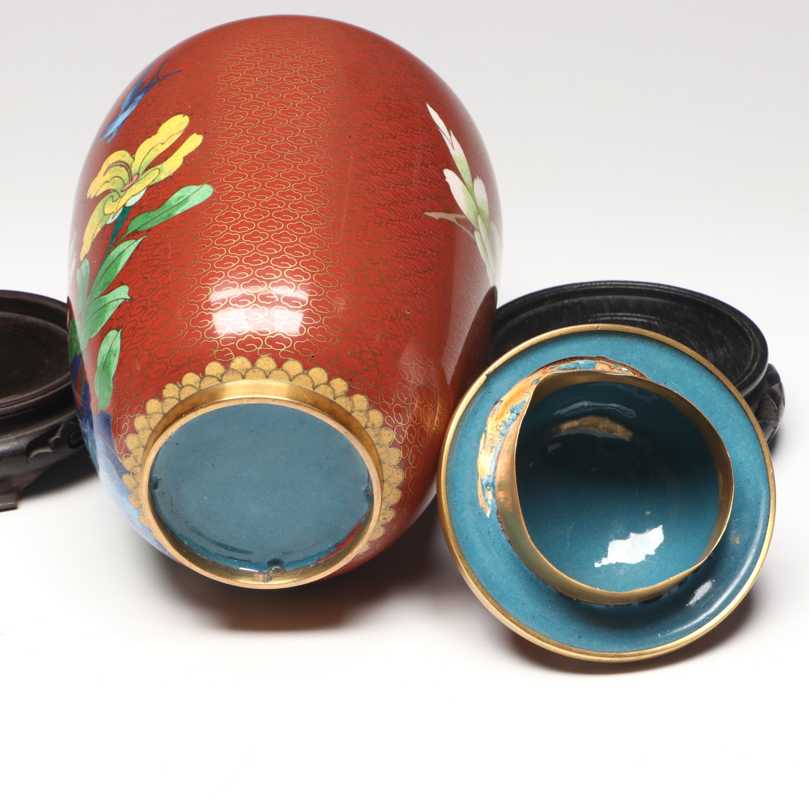 Chinese Floral Cloisonné Vases, Urn and Bowl with Other Glass Clock