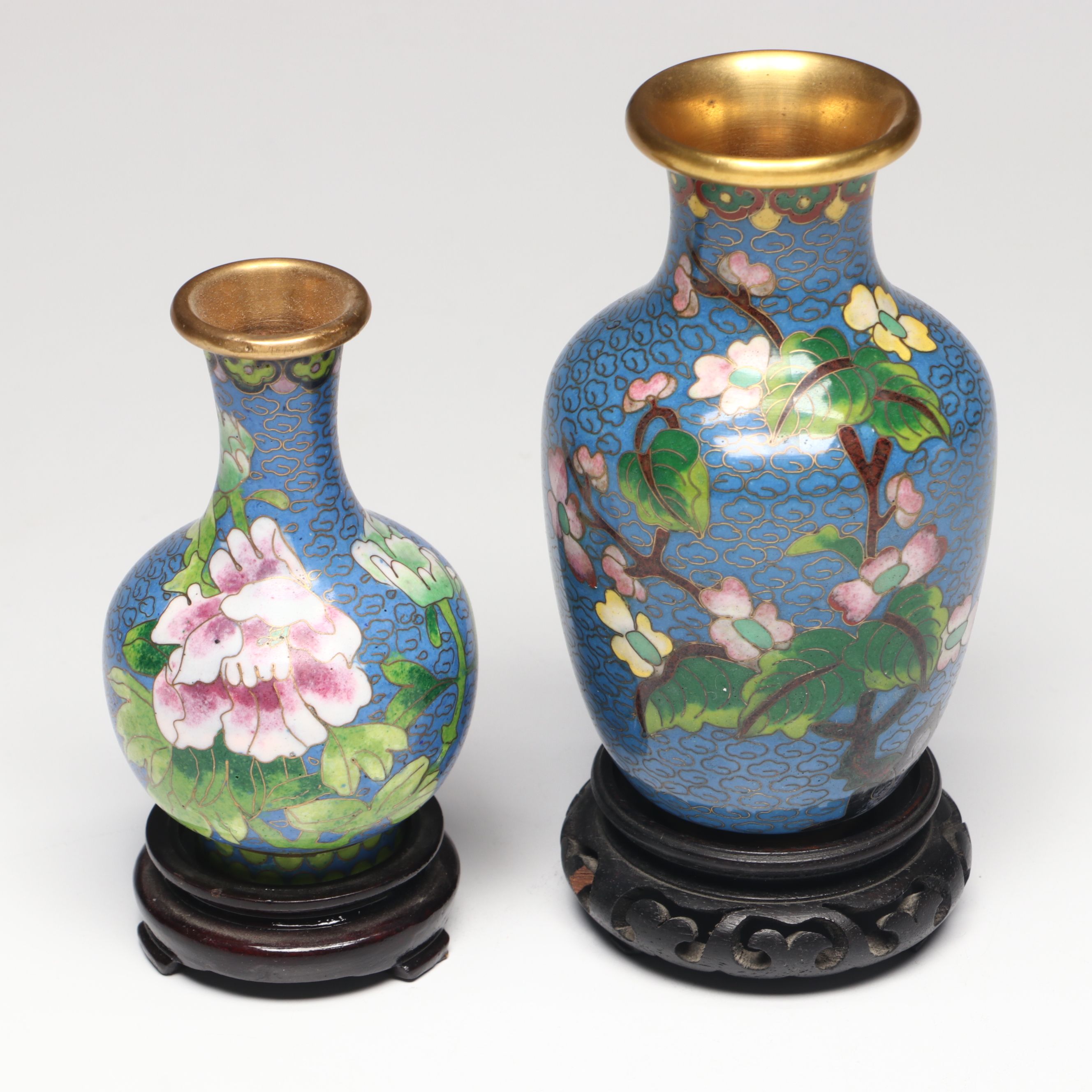 Chinese Floral Cloisonné Vases, Urn and Bowl with Other Glass Clock