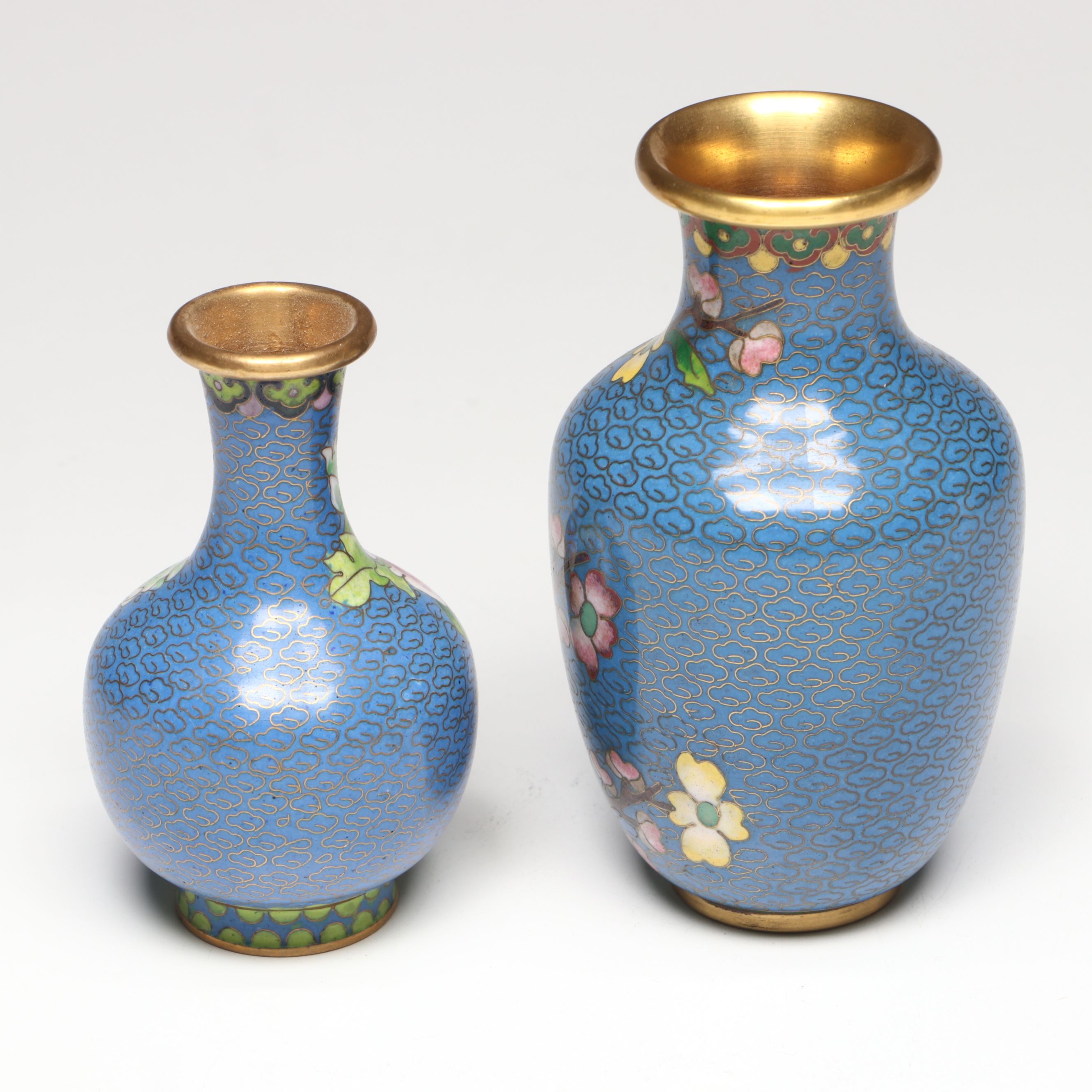 Chinese Floral Cloisonné Vases, Urn and Bowl with Other Glass Clock