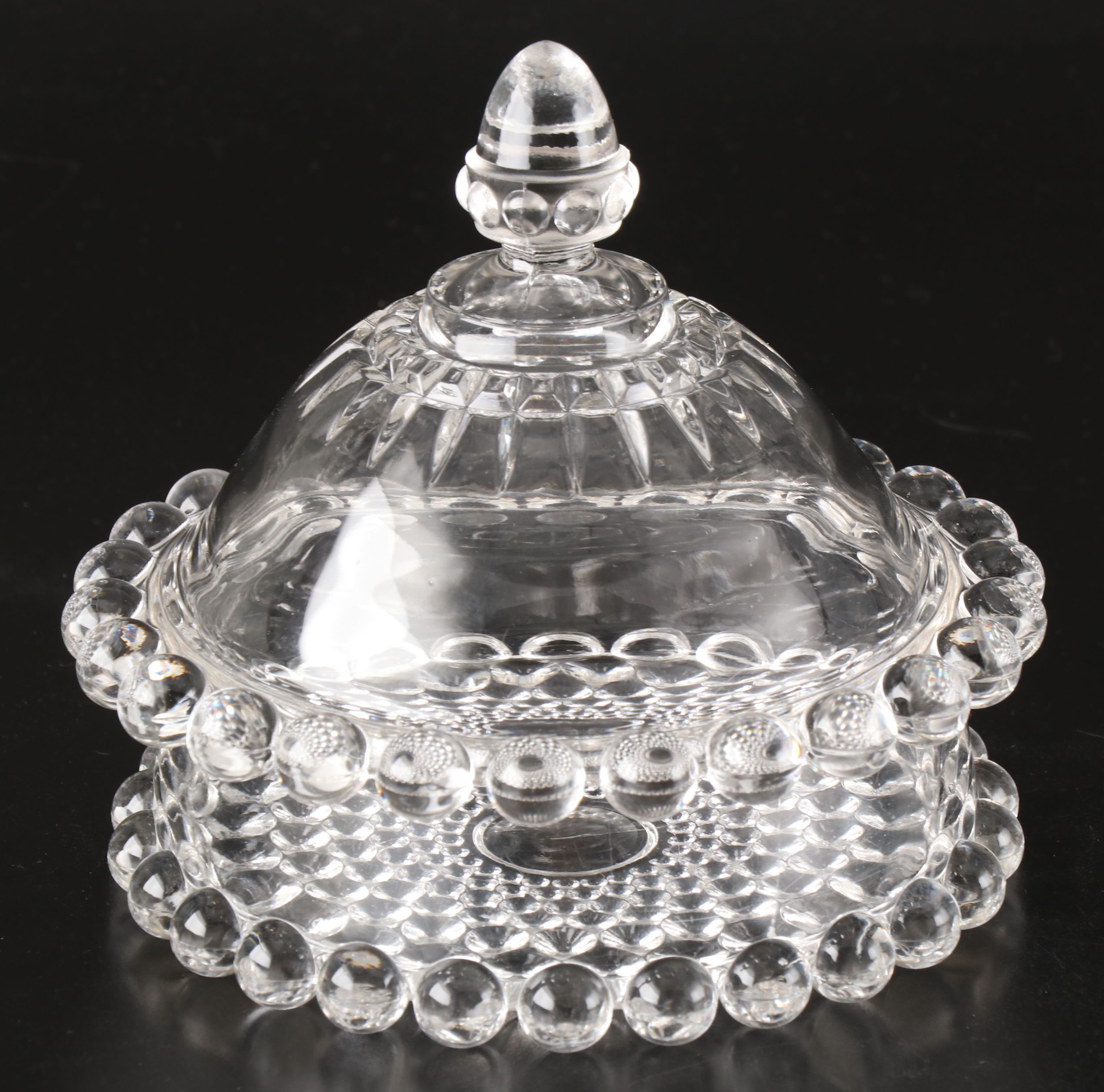 Bohemian Art Deco Intaglio Glass Salt Cellars with EAPG Butter Dish and Platter