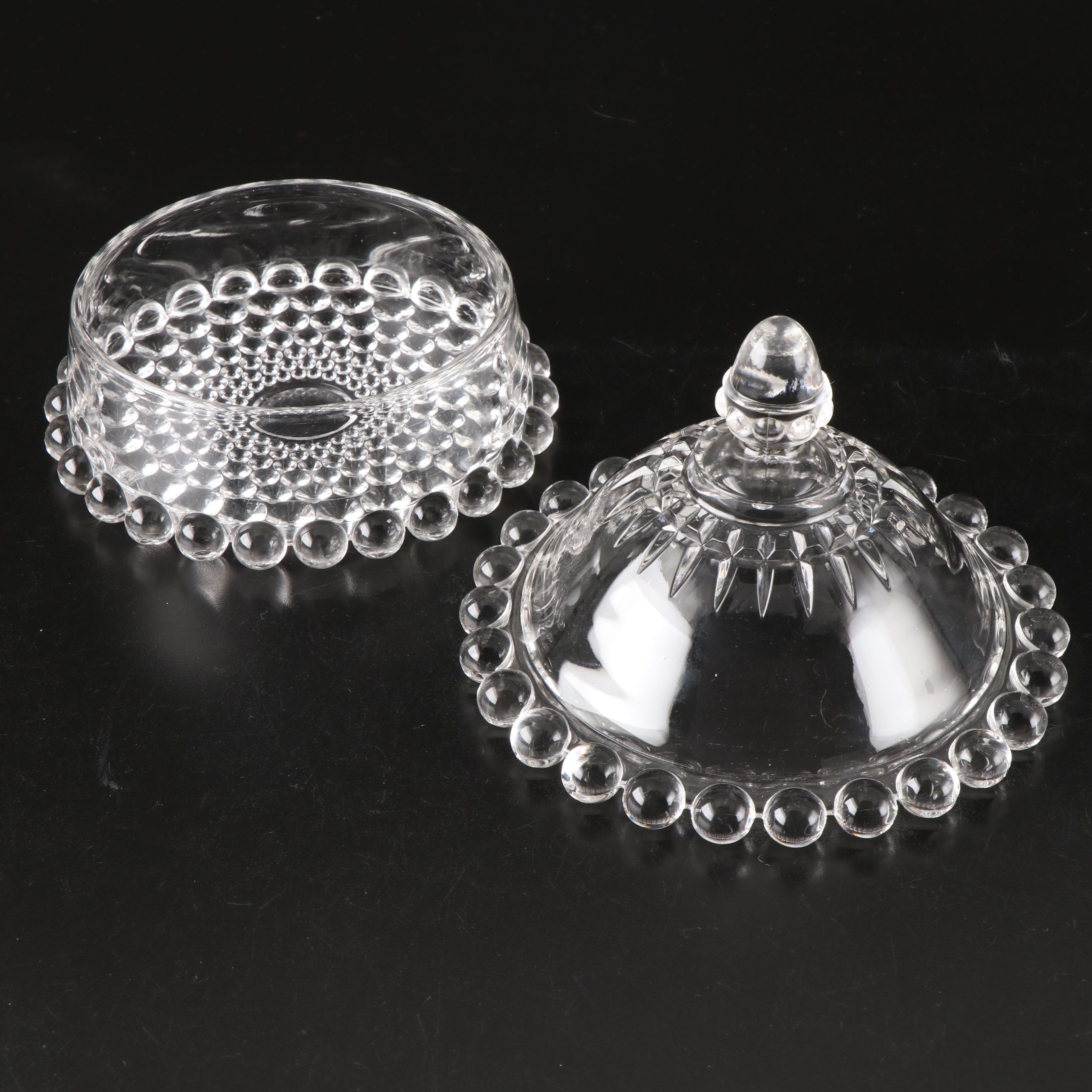 Bohemian Art Deco Intaglio Glass Salt Cellars with EAPG Butter Dish and Platter