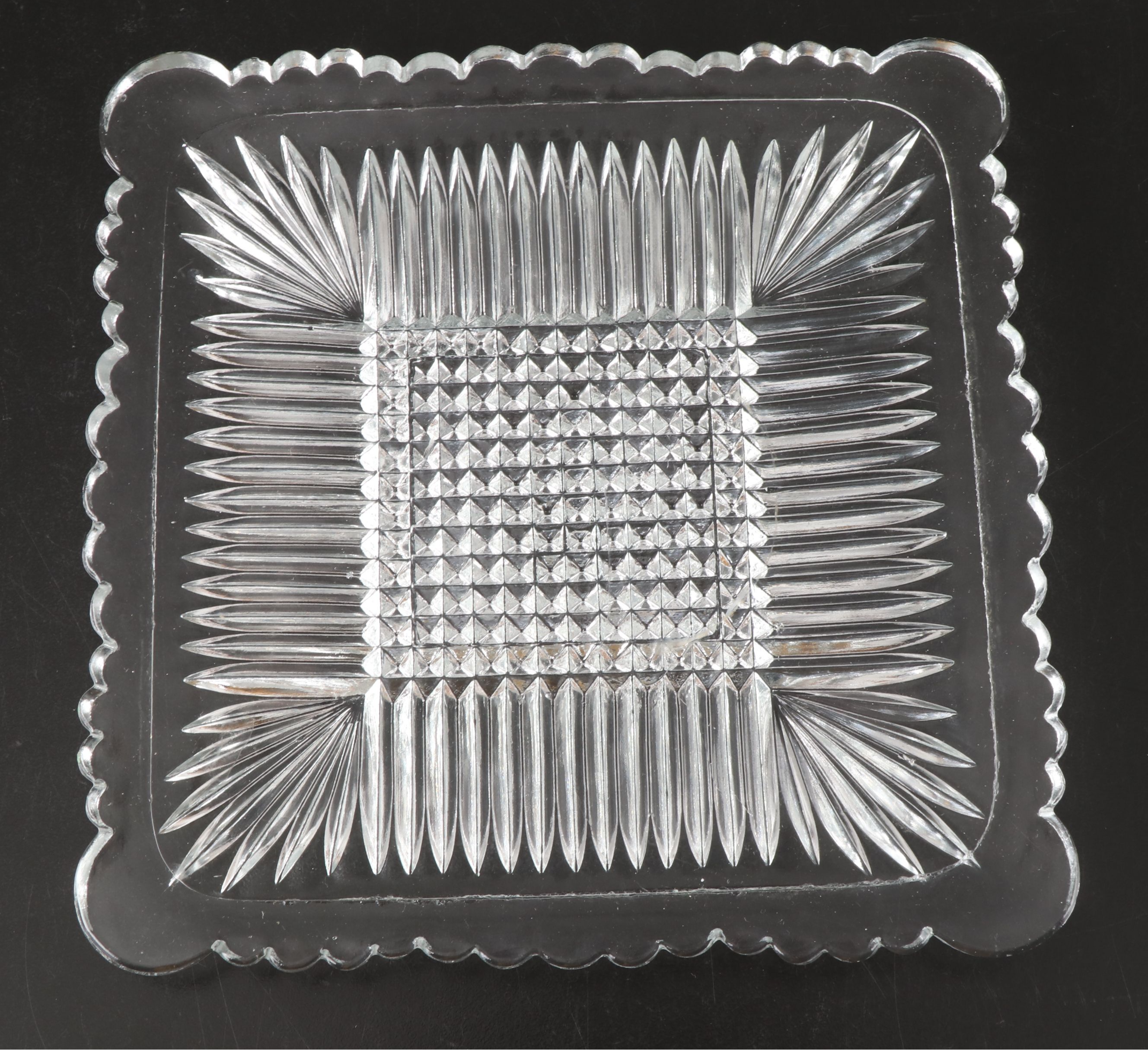 Bohemian Art Deco Intaglio Glass Salt Cellars with EAPG Butter Dish and Platter