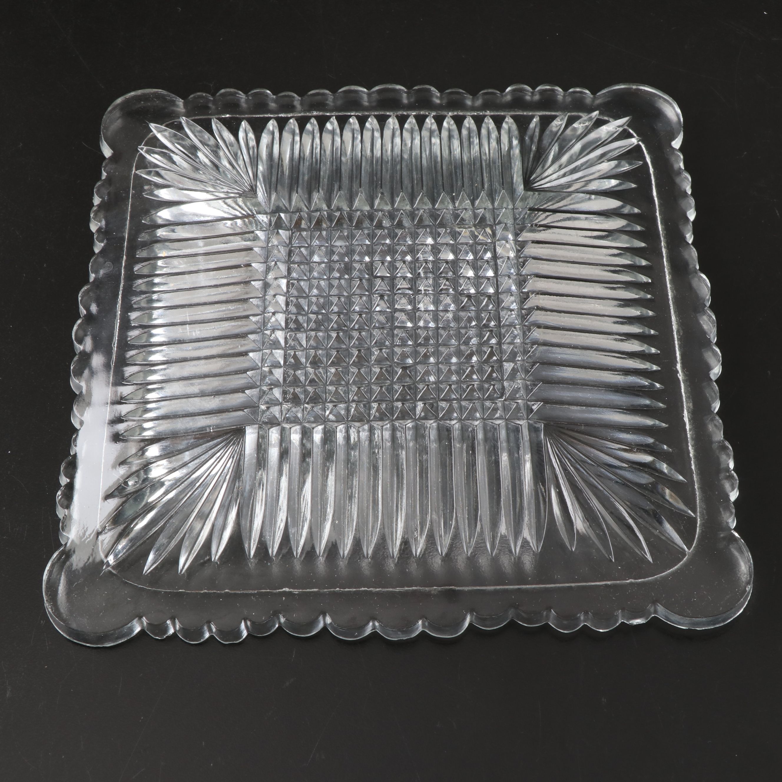 Bohemian Art Deco Intaglio Glass Salt Cellars with EAPG Butter Dish and Platter