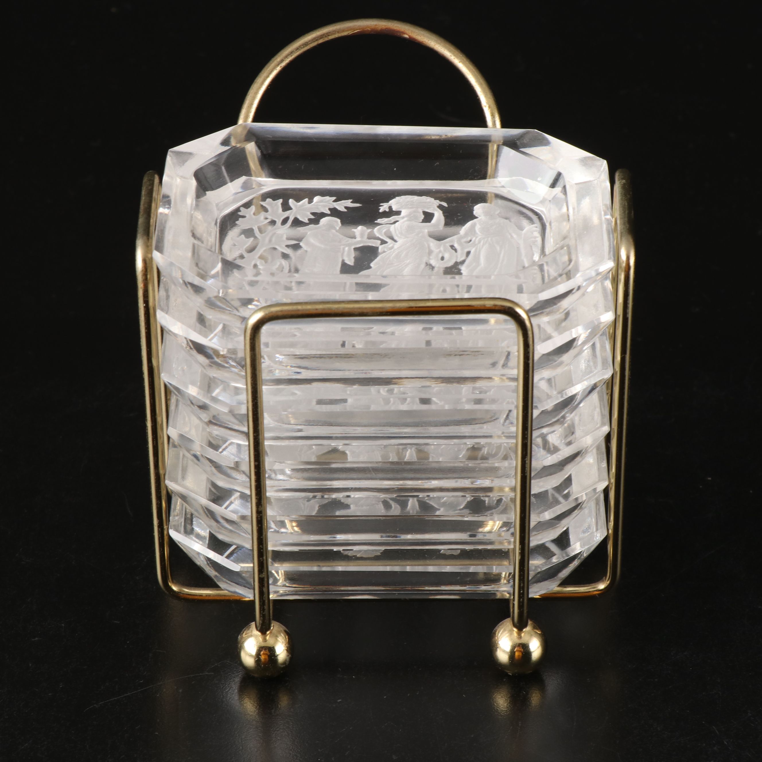 Bohemian Art Deco Intaglio Glass Salt Cellars with EAPG Butter Dish and Platter