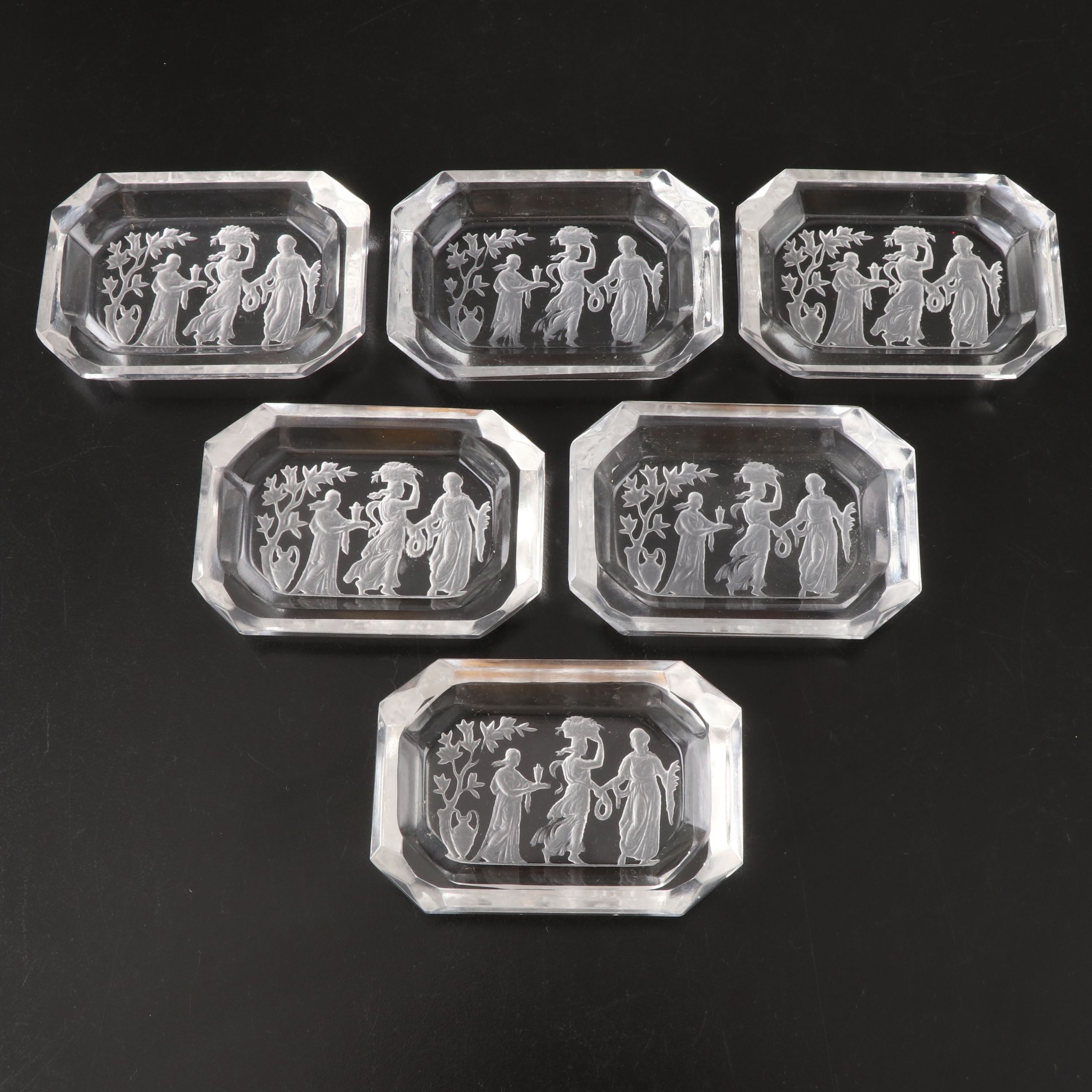 Bohemian Art Deco Intaglio Glass Salt Cellars with EAPG Butter Dish and Platter