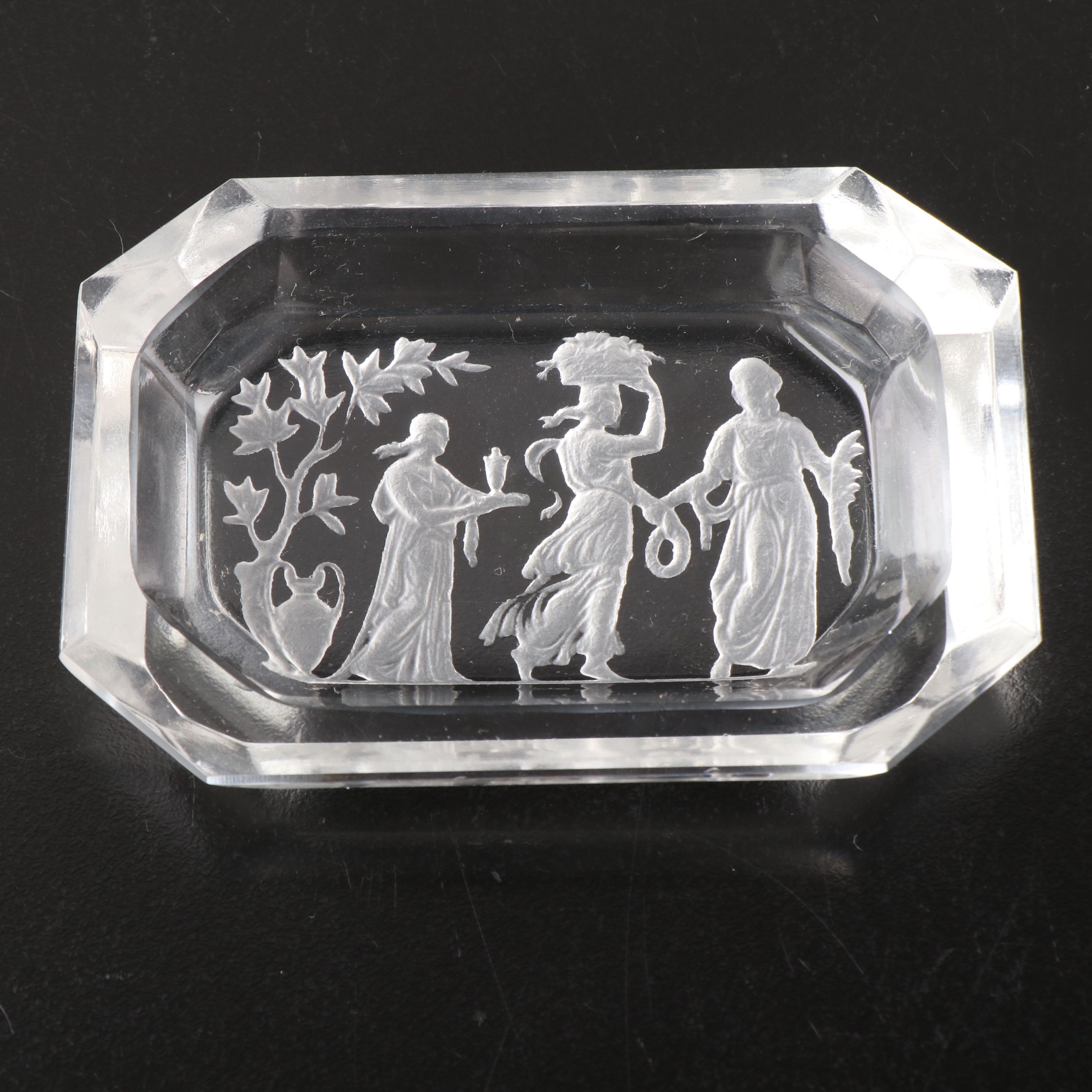 Bohemian Art Deco Intaglio Glass Salt Cellars with EAPG Butter Dish and Platter