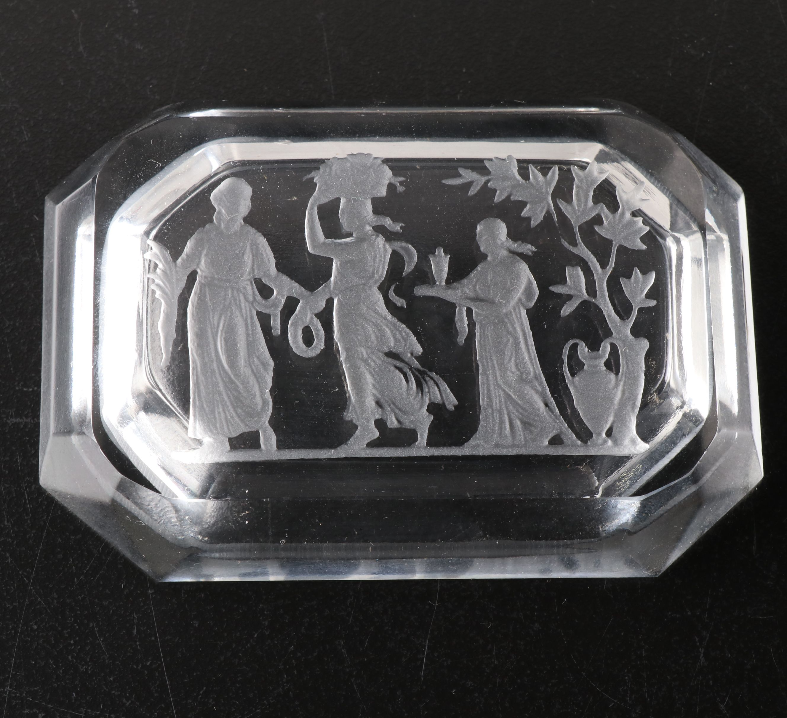 Bohemian Art Deco Intaglio Glass Salt Cellars with EAPG Butter Dish and Platter