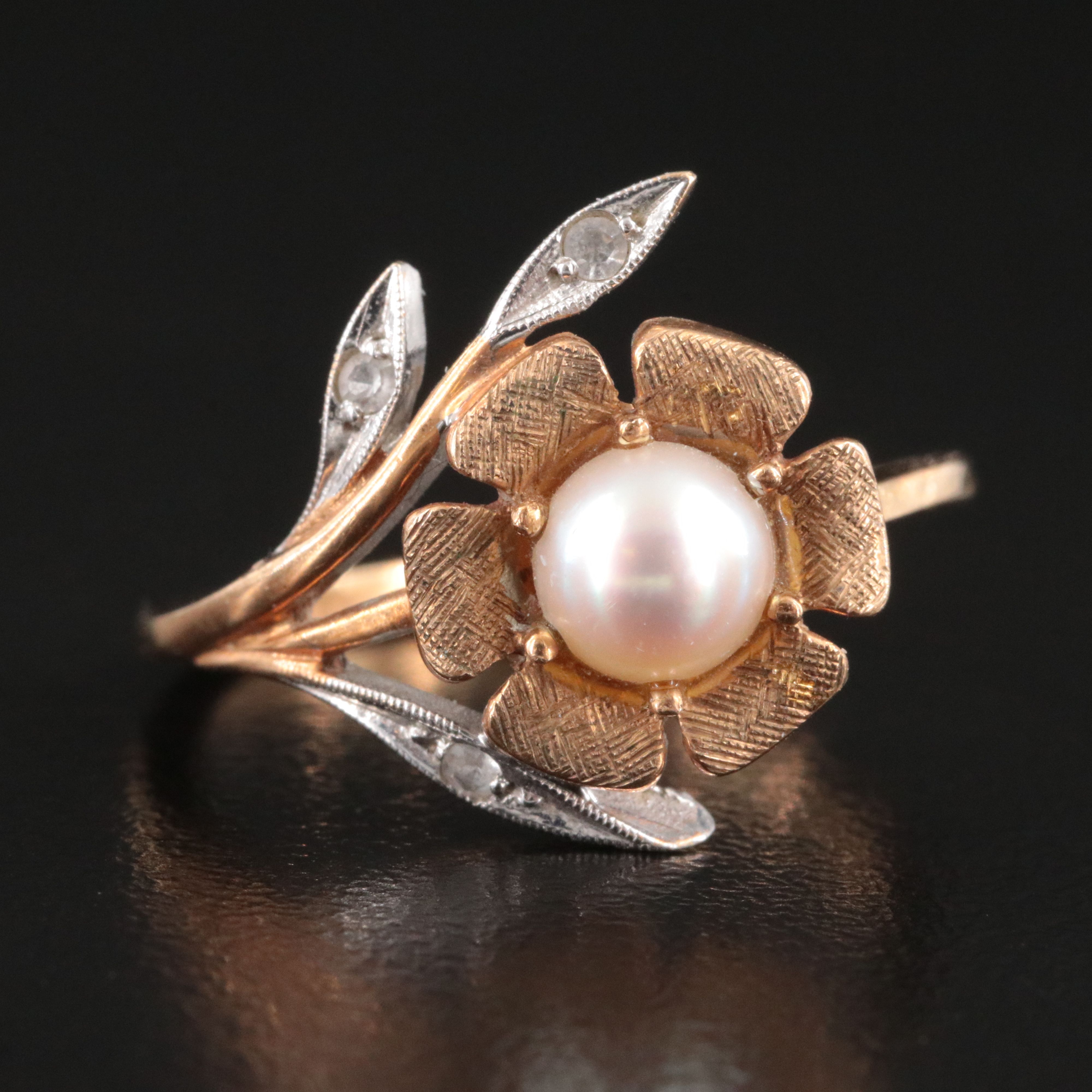 10K Two-Tone Pearl and White Topaz Flower Ring