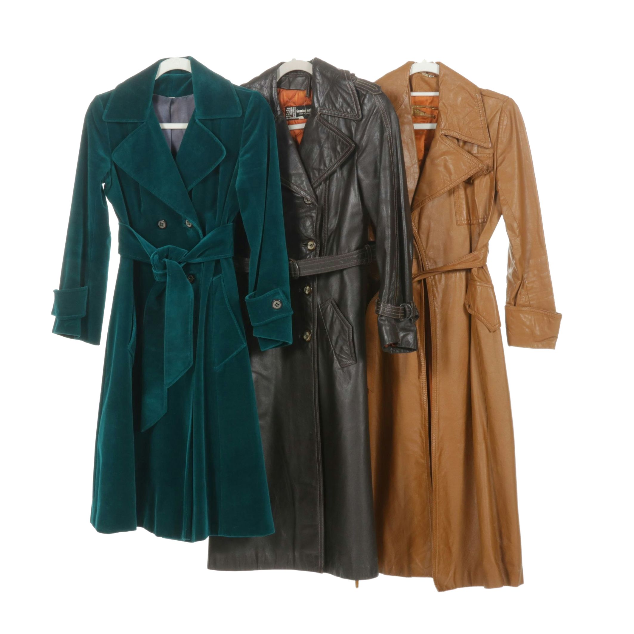 Emerald Green Velvet and Leather Double Breasted Trench Coats