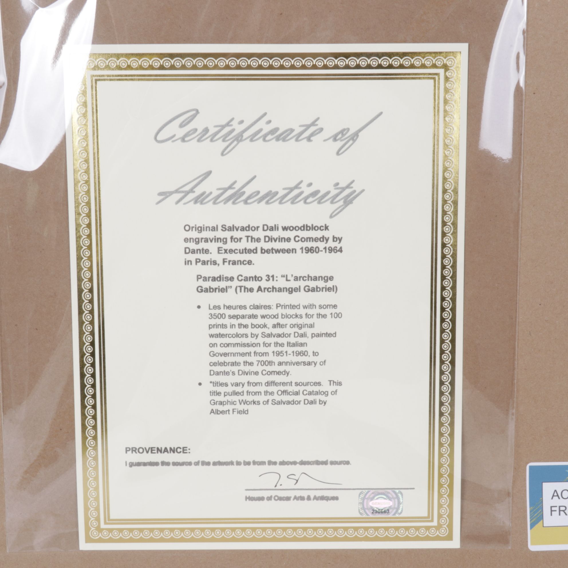 Salvador Dalí Wood Engraving "L'Archange Gabriel," 1960–1964