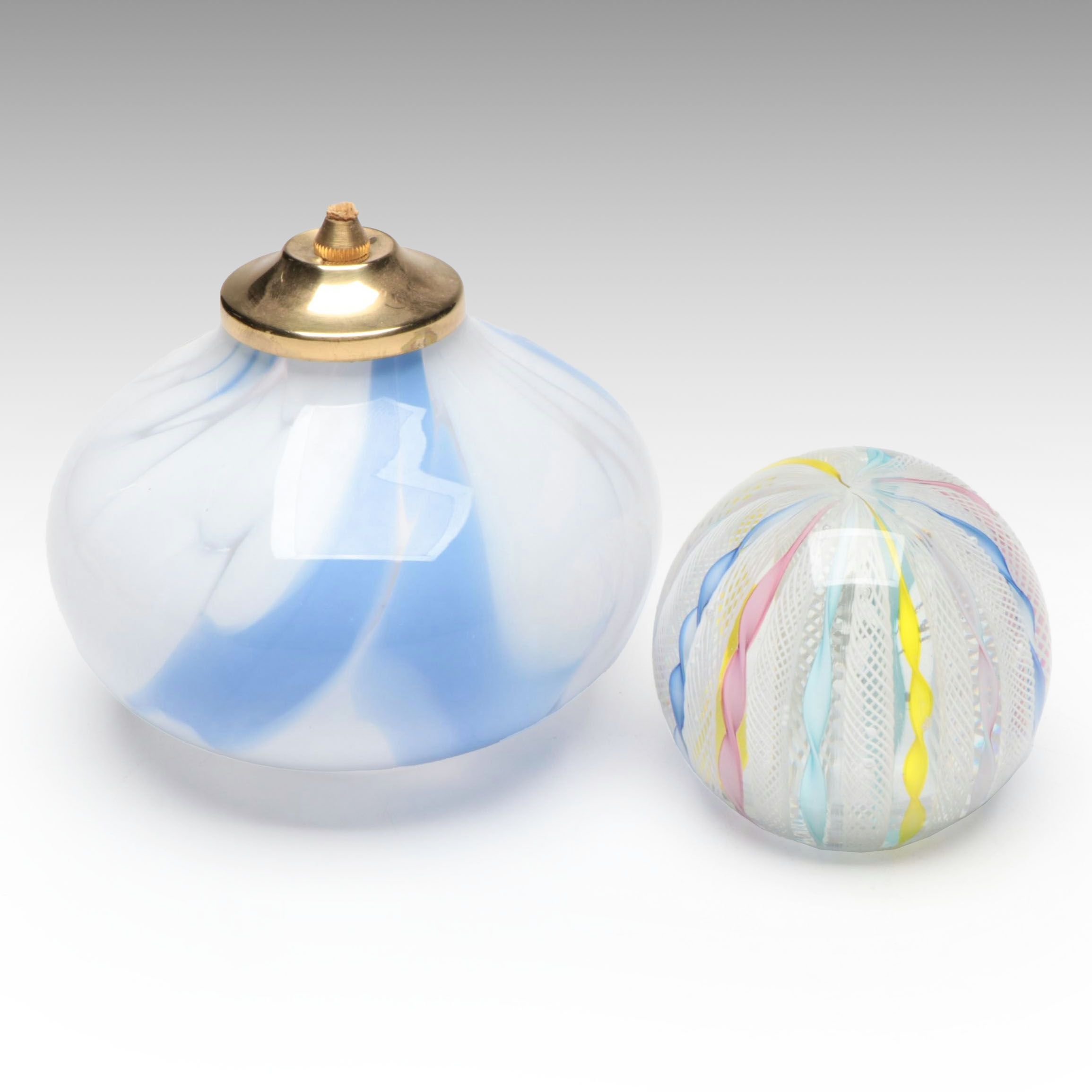 Skruf Swedish Art Glass Oil Lamp with Murano Art Glass Paperweight
