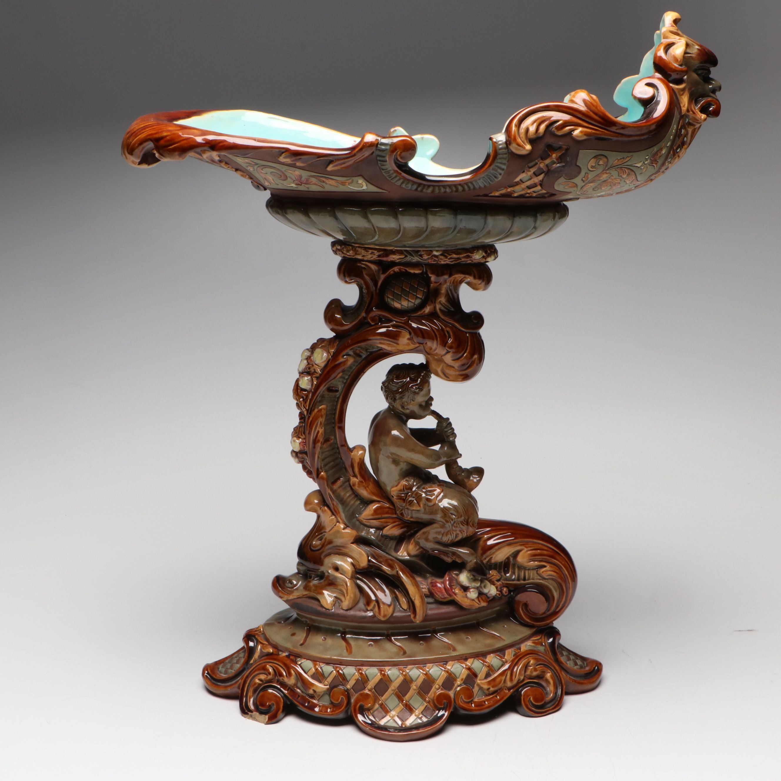 Austrian Majolica Satyr Centerpiece Compote, 20th Century