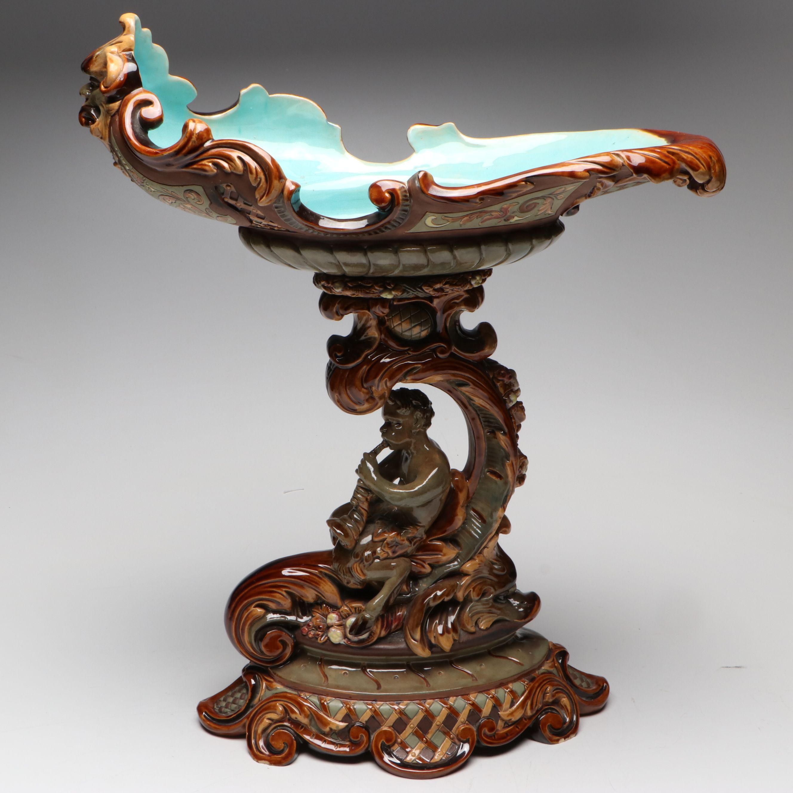 Austrian Majolica Satyr Centerpiece Compote, 20th Century